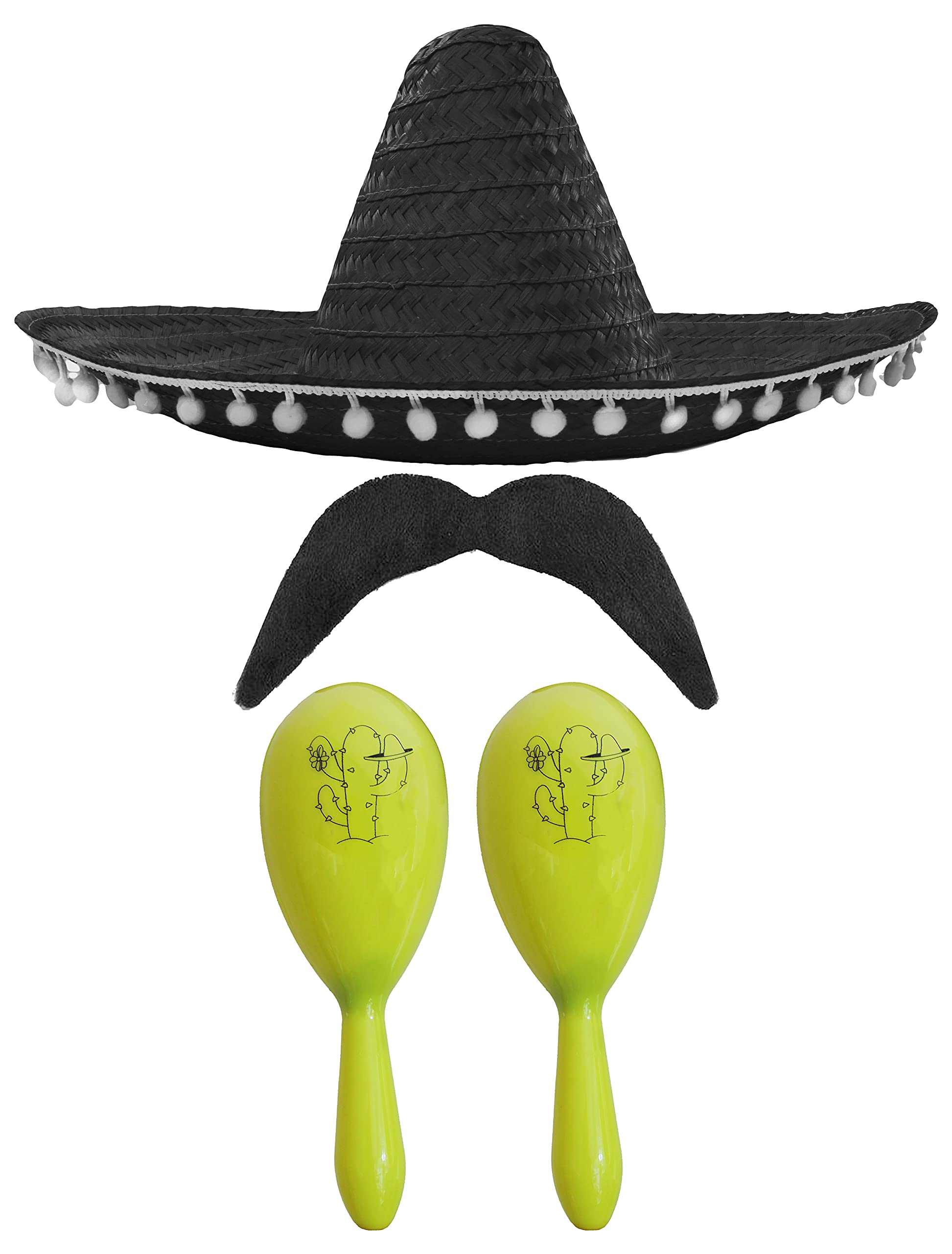 Adults Mexican Accessory Set - Black Mexican Sombrero, Yellow Maracas, Moustache - Mexican Cinco de Mayo Sensorita Bandit Mariachi Fancy Dress Costume Accessory Set