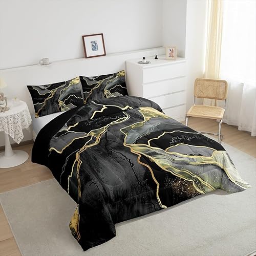 Miniatura 5 de Juego de ropa de cama de mármol negro tamaño matrimonial, relleno de edredón de mármol negro y gris, para hombres y mujeres, juego de edredón