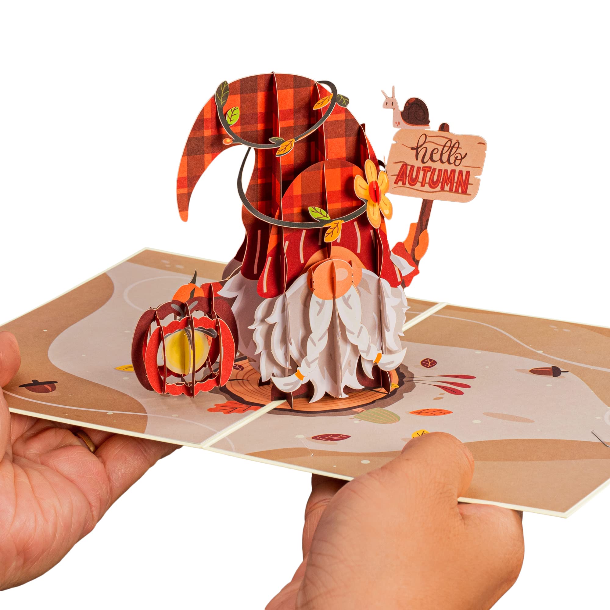 Paper Love Tarjeta desplegable 3D, gnomo de otoño, tarjeta de otoño, saludo, Acción de Gracias, funda de 5 x 7 pulgadas, incluye sobre y etiqueta para notas