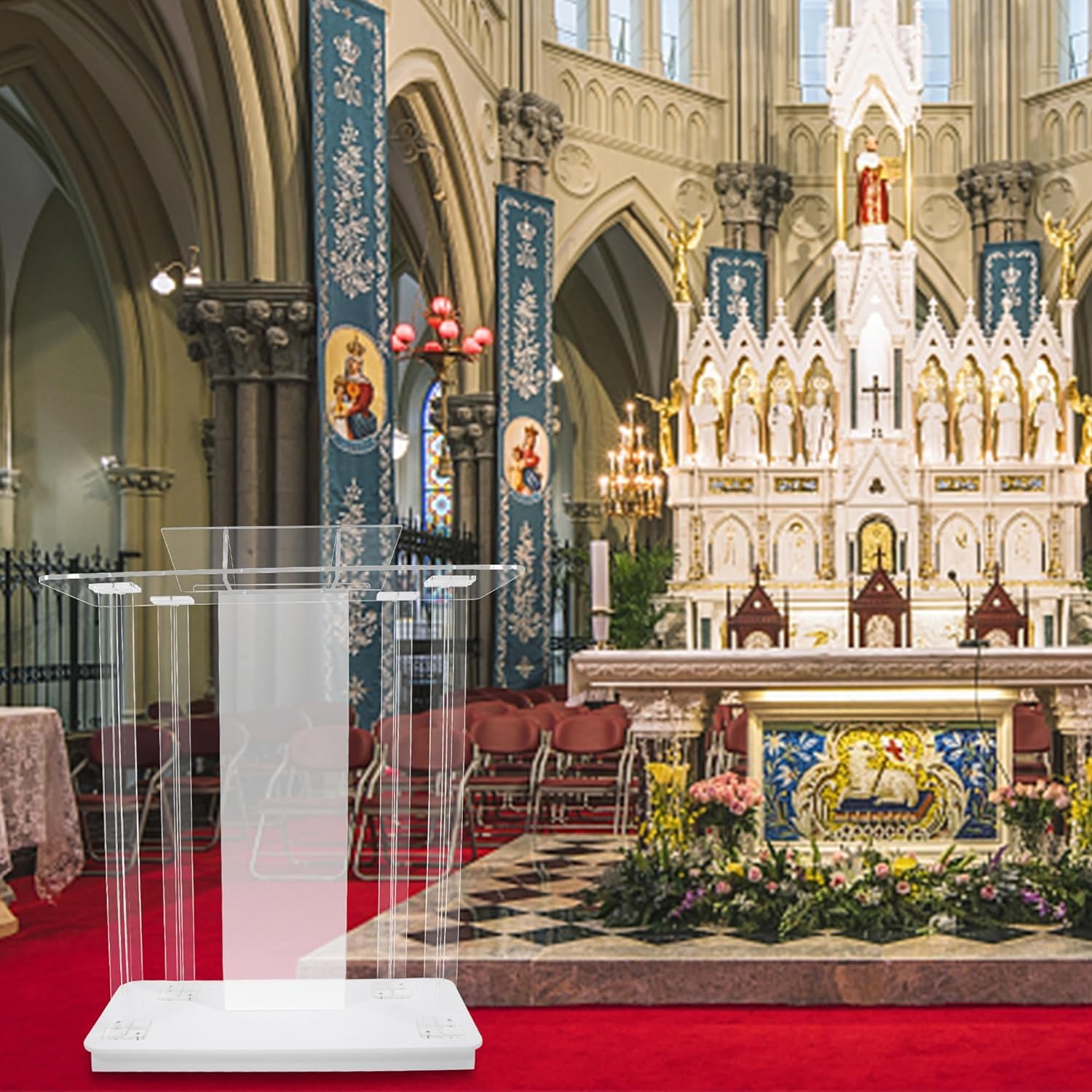 Church Pulpit with Wheels,Church Podium with Led Light,Acrylic Church Podium with Rollers& Vertical Reading Platform, 46”Elegant Transparent Lecterns for Churches Entrance, Classroom(box 1 of 2 Only)