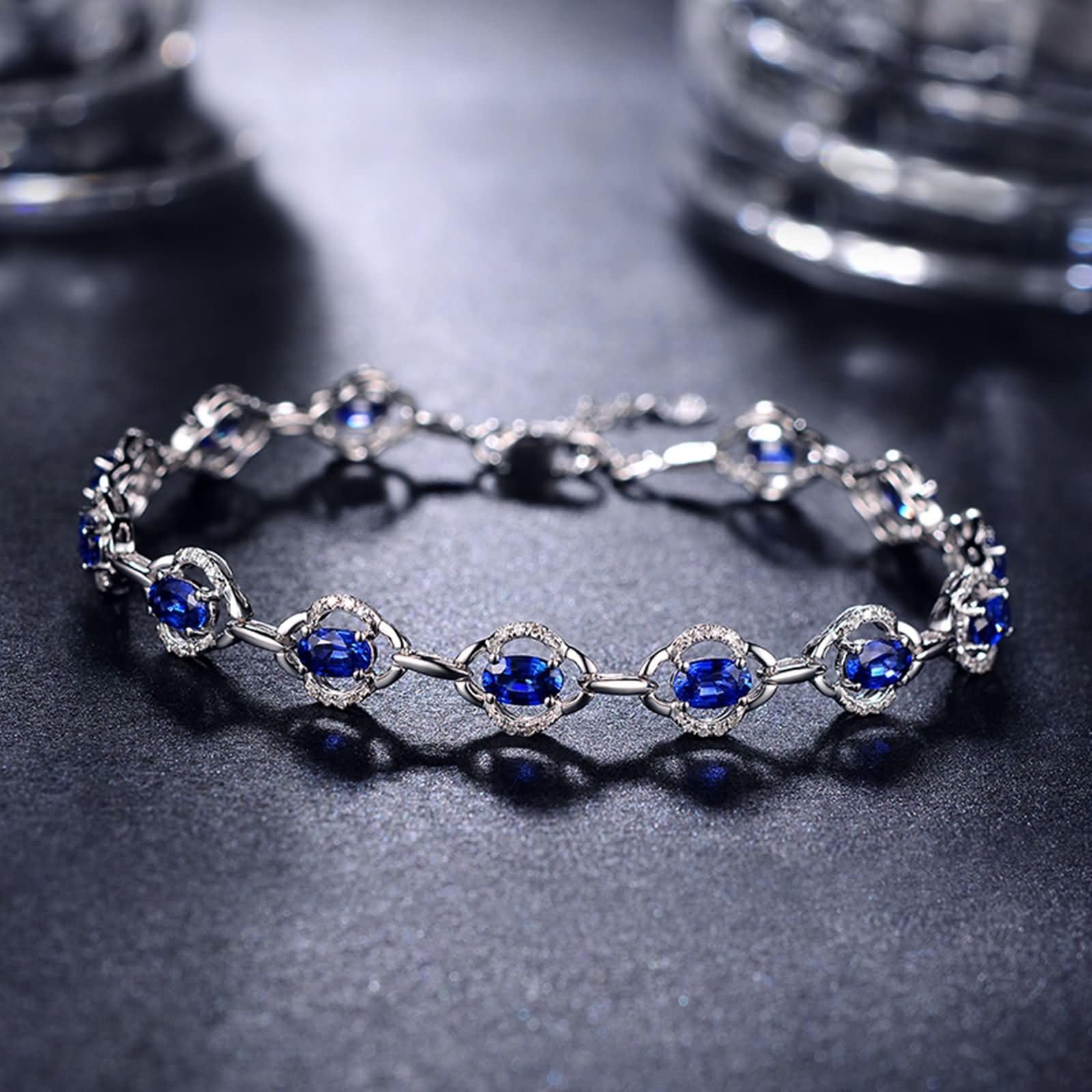 Pulseras Mujer de Oro Blanco 9K / 14K / 18K, Hueco y Oval con Zafiro y Diamante, Cadena Extensible 16 CM + 5 CM, Pulseras de Ajustable Mujer de Plata Azul