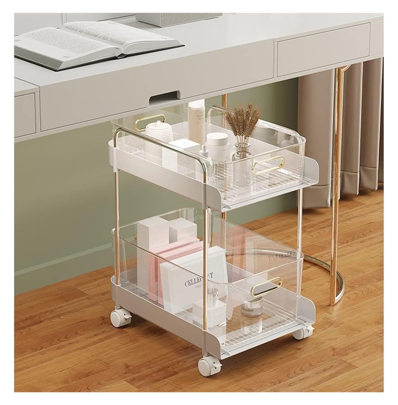 Organizador de especias de 2 niveles con ruedas y cajón, armario de cocina, estante de almacenamiento para aperitivos y especias, color verde, 41 x 36,5 x 24 cm