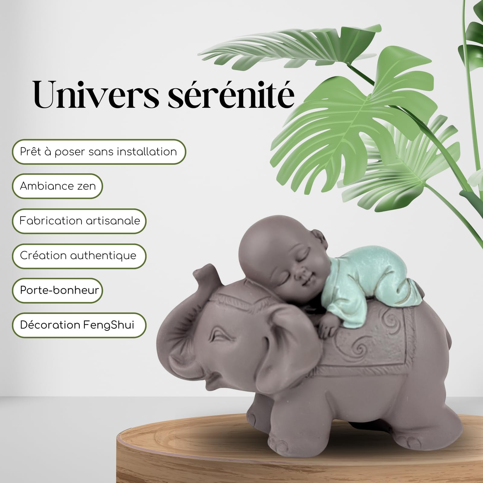Zen'Light Statue Buddha Bonze Sleeping on Elephant, Zen Atmosphere in Your Sacred Room, Beautiful Lucky Figurine - Image 2