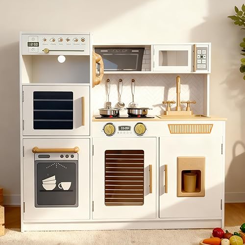 YUG Juego de cocina para niños con luces y sonidos reales, incluye estufa, horno, lavavajillas, máquina de hielo, juguete de cocina para niños y