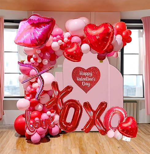 Kit de arco de guirnalda de globos rojos y rosados, más de 130 piezas con arco y flecha XXOO globos en forma de corazón para mujeres y niñas, día de