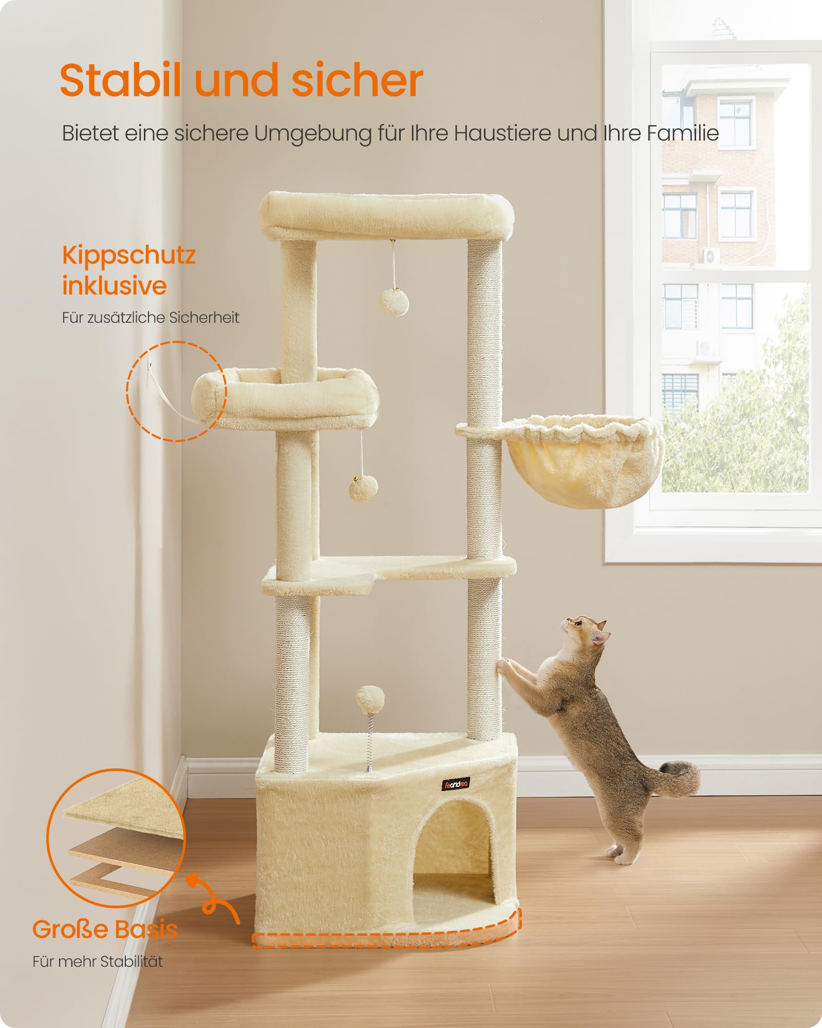 Feandrea Kratzbaum, Katzenbaum, 48,5 x 48,5 x 140,7 cm, Katzenkratzbaum mit großer Kuschelhöhle, großen Plattformen, Plüschbällen, Liegemulde, sandbeige PCT009Y01