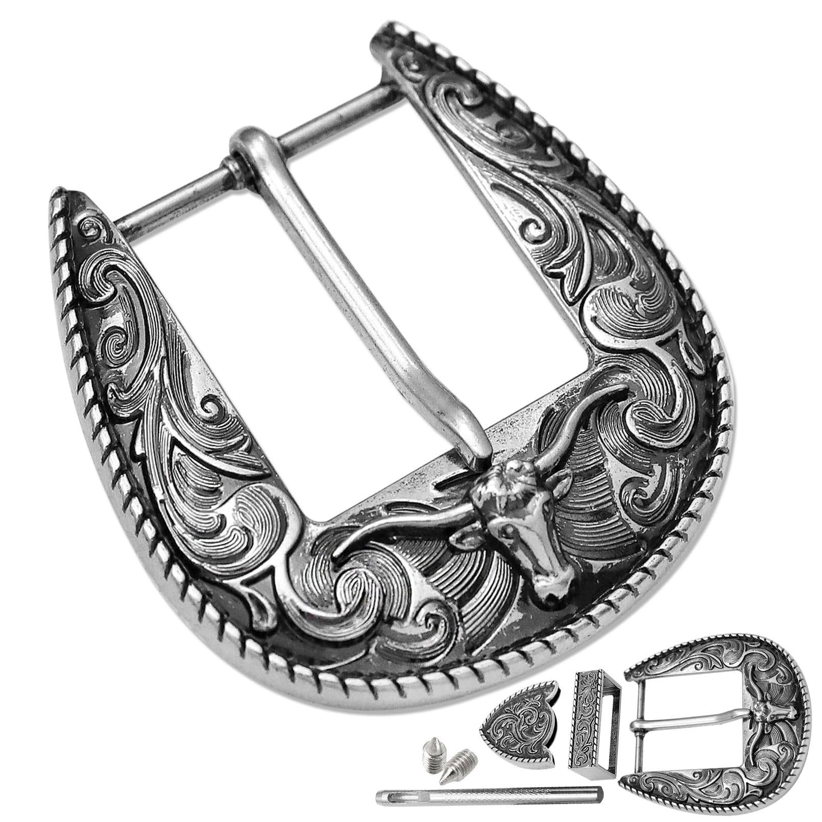 RechicGu'3Pcs Western Replacement Belt Buckles 1.5''(38mm) LongHorn Bull Single Prong Buckle Cowboy Rodeo Belt Accessory for Men Women'