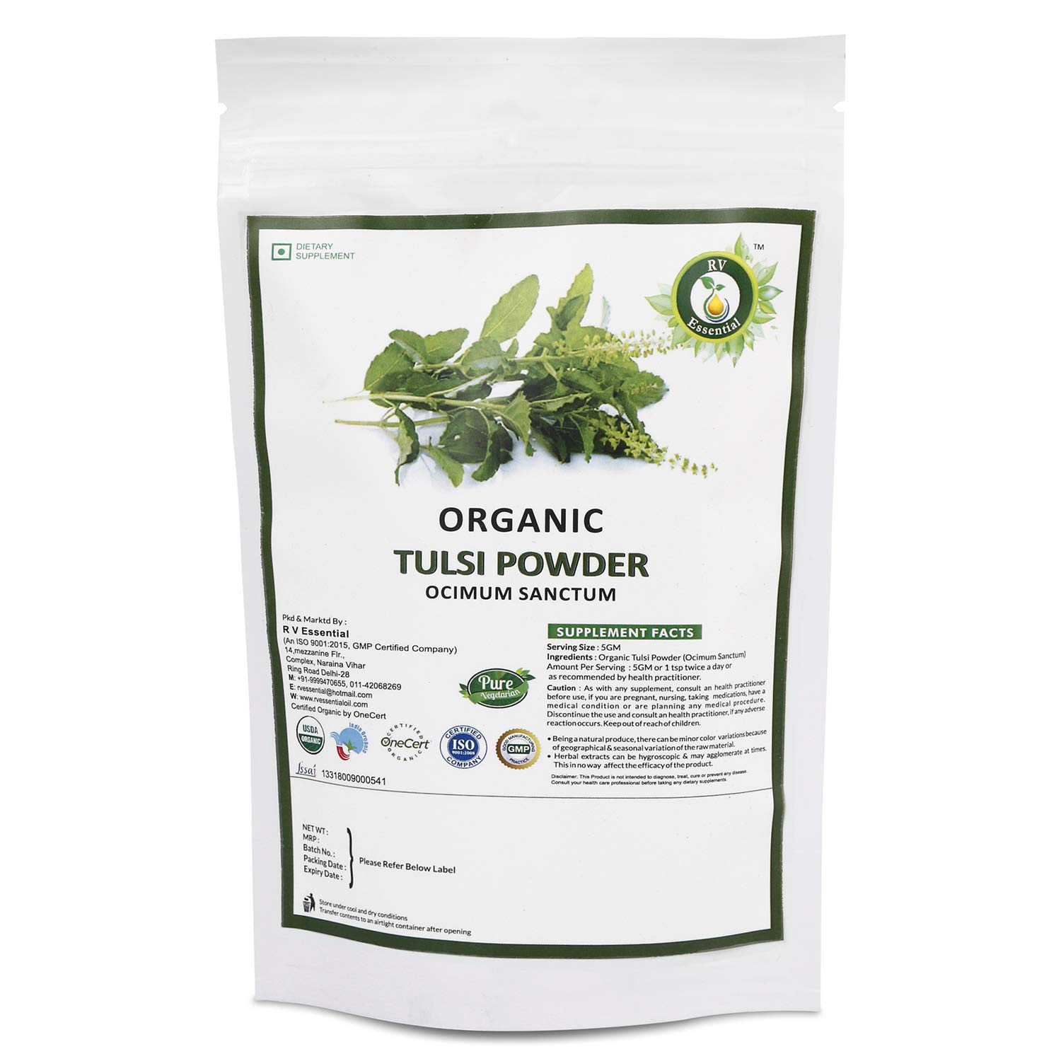 R V Essential Organic Tulsi Powder 100gm/ 3.53oz/ 0.22lb- Ocimum Sanctum Tulsi Leaf Powder Holy Basil Powder USDA Organic Certified Ayurvedic Supplement in Resealable and Reusable Zip Lock PouchUSDA Organic