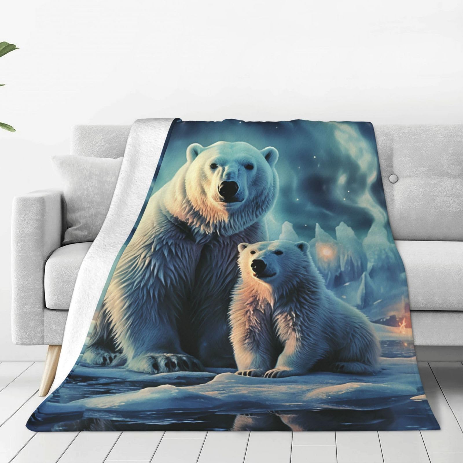 Polar Bears Northern Lights Throw Blanket 80"x60" Flannel Fluffy Warm Blanket for Couch, Reversible Plush Blankets for Bed, Comfy Fuzzy Blanket for Sofa, Plush Lightweight-Blankets for All Season