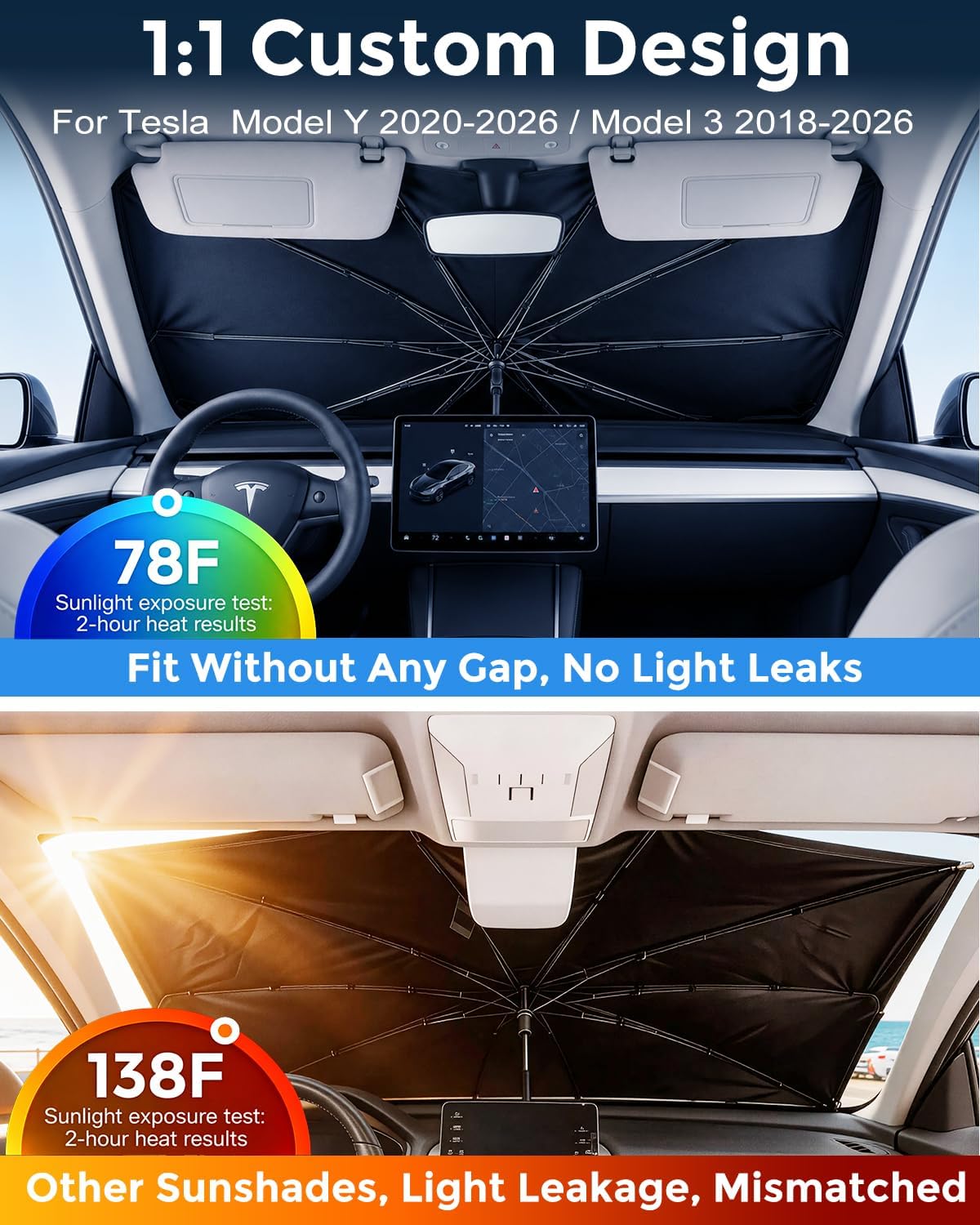 Weektic Windshield Sun Shade Umbrella for Tesla Model 3/ Model Y 2018-2026, Double Thickened Ice Crystal Coating, Sun & Heat Protection, Keep Vehicle Cool & Protect Interior