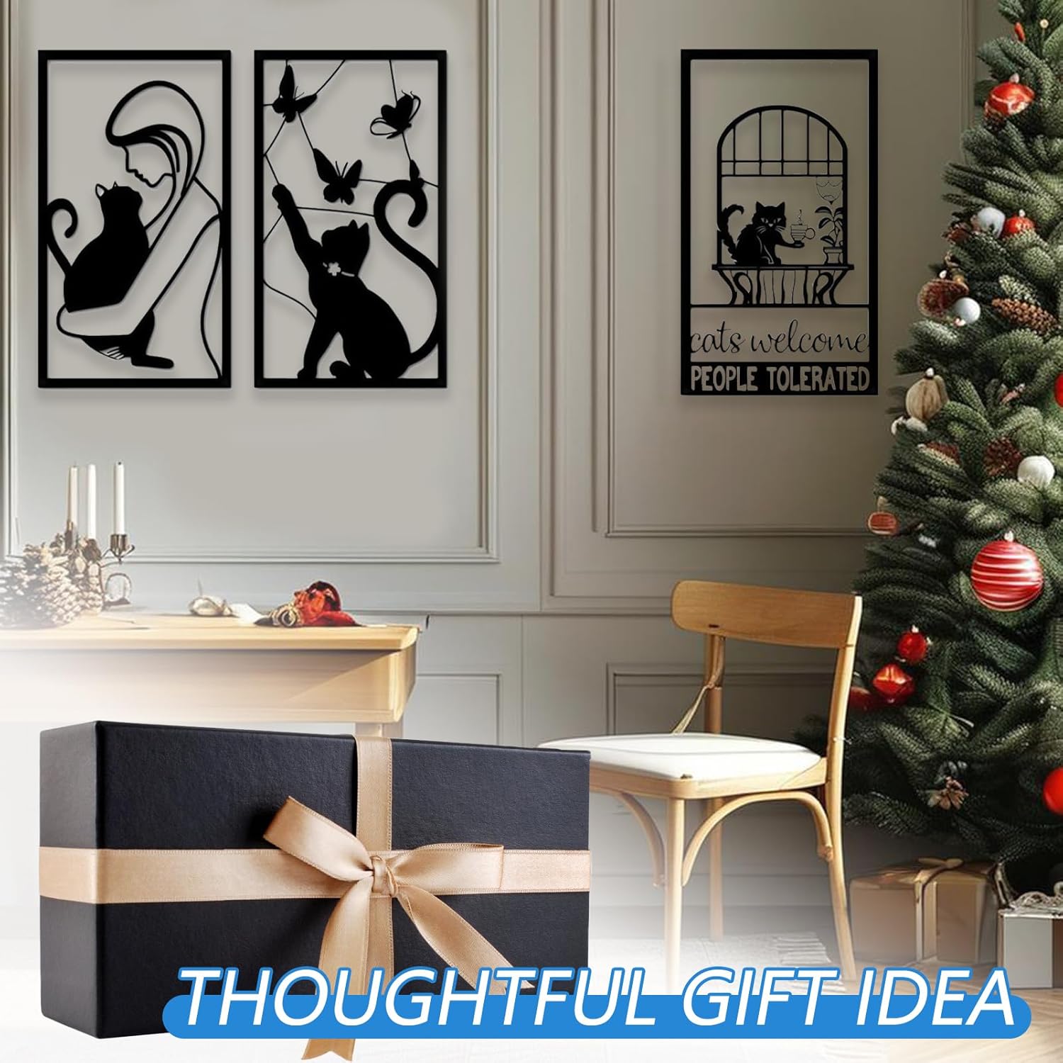 Beciway Set of 3 Metal Cat Wall Decor – 32×17 inch Black Hollow-Out Iron Cat Wall Art, Minimalist Wall Sculpture for Living Room, Bedroom, Office, Hallway or Porch Decoration