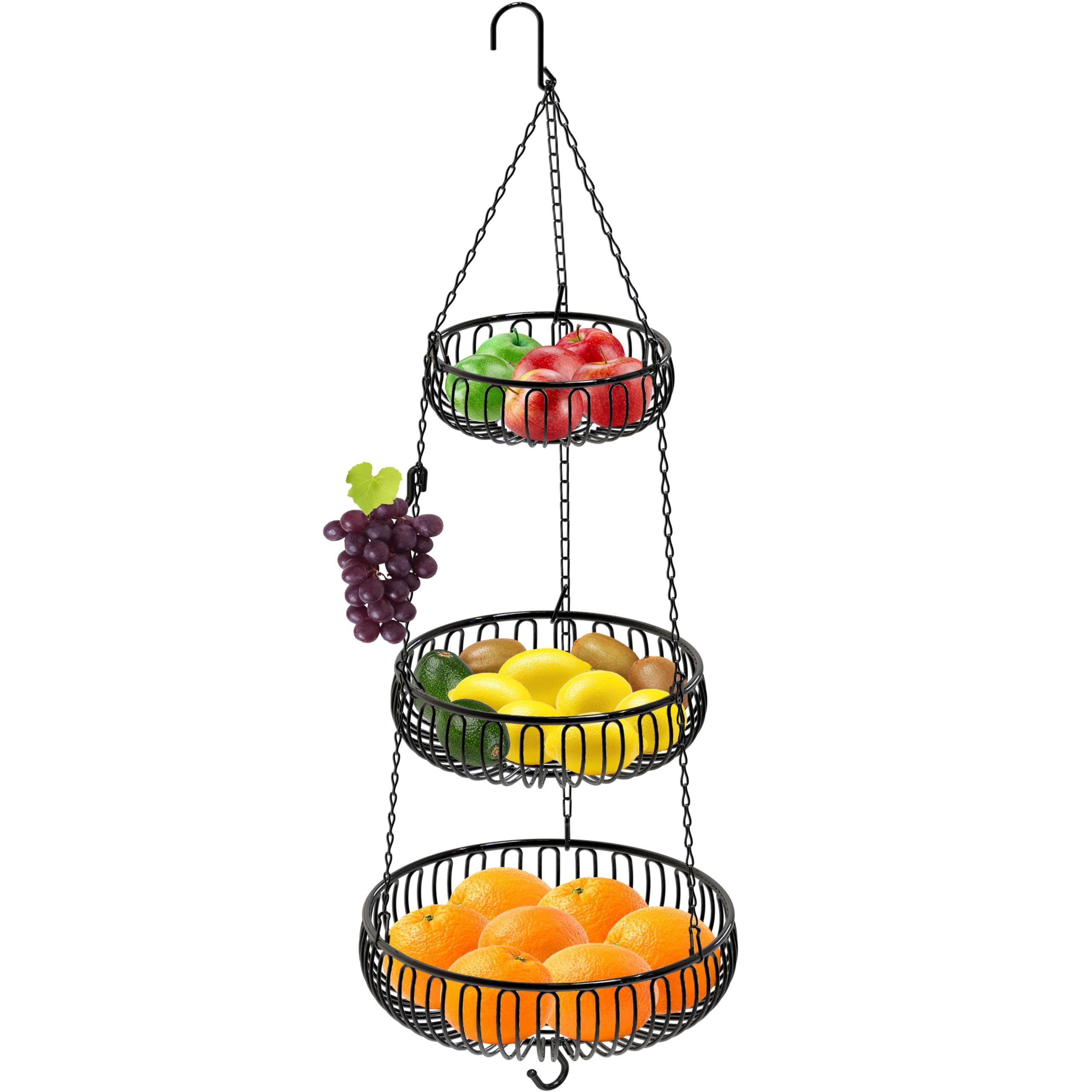 Simple Houseware Adjustable Metal Hanging Fruit Basket, Oblate, Black, 11" W x 11" L x 30" H