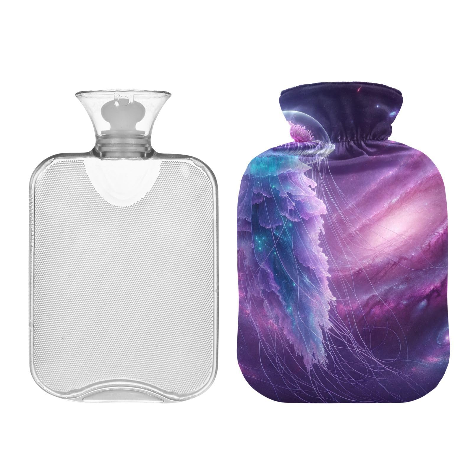 Jellyfish in Purple Space Hot Water Bottle with Soft Velvet Cover Hot Water Bag for Neck and Shoulder Pain Relief, 2 Liters