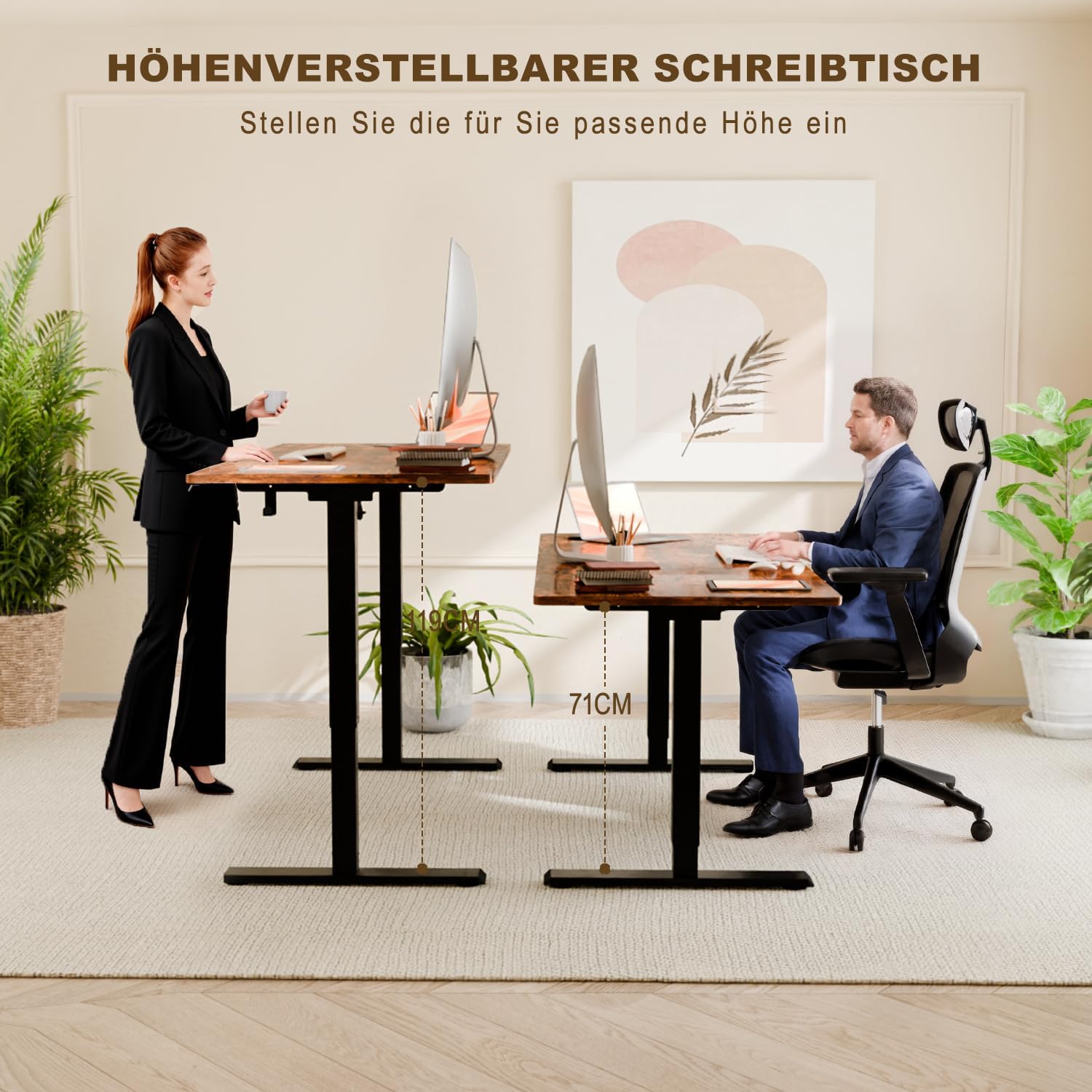 Two individuals demonstrating the desk at its lowest (71cm) and highest (108cm) positions.