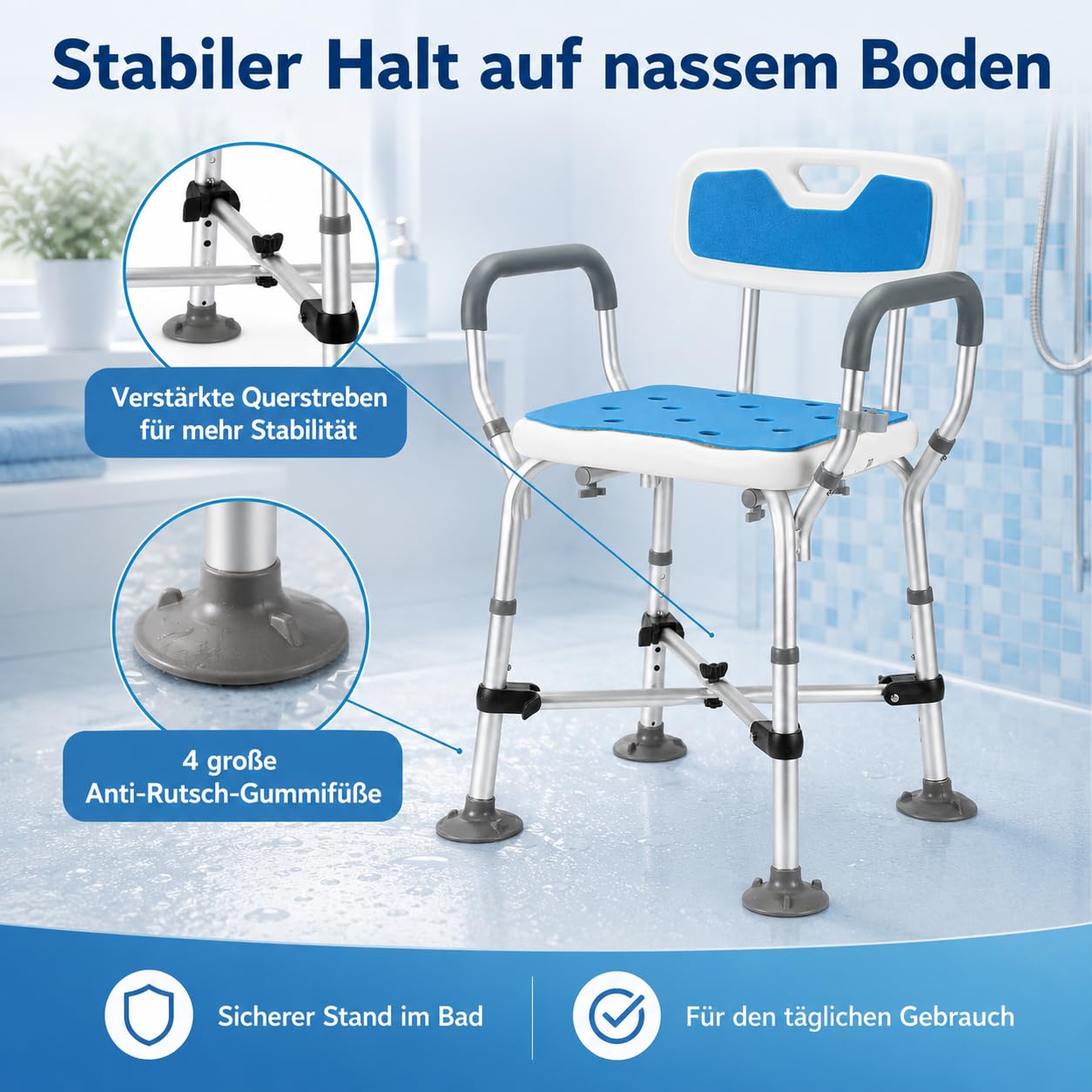 Silla de ducha con respaldo para personas mayores, asiento de ducha regulable en altura, taburete de ducha con doble viga transversal reforzada, taburete para bañera, banco de ducha con