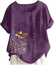 Cotton And Linen Short Sleeve Round Neck Casual Shirt Floral Print Fashion Blouse Women Chic And Elegant Tee Blouses Women Loose Breathable Tops Tunic Plus Size