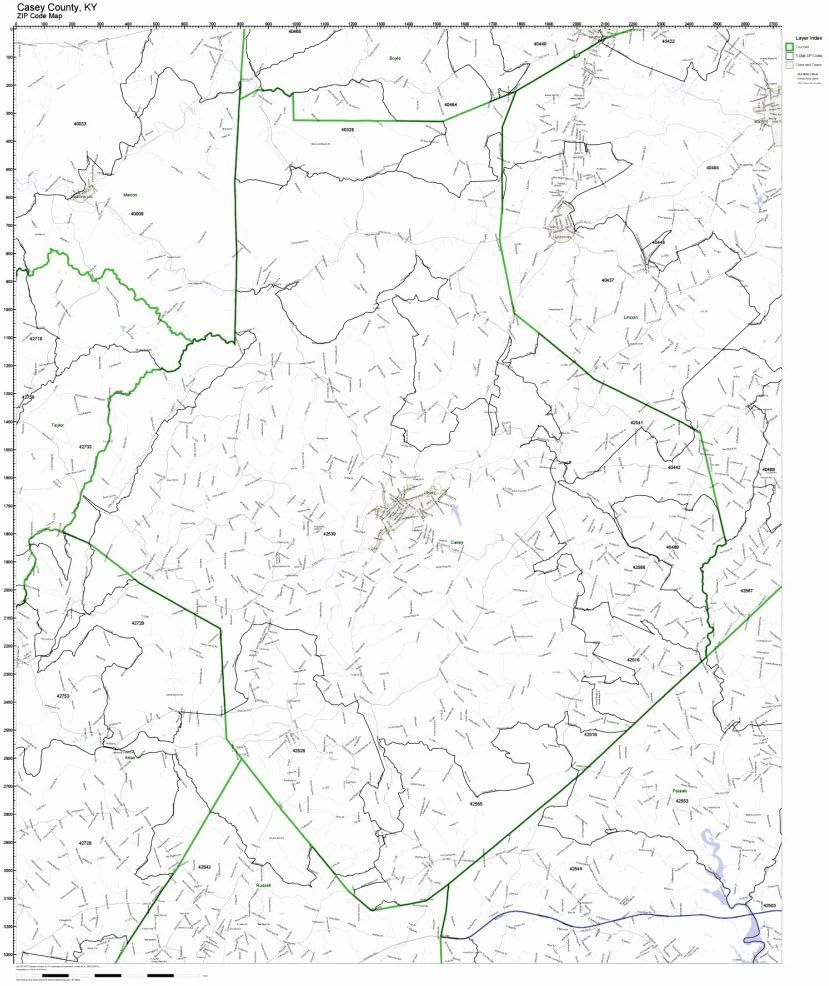 Casey County, Kentucky KY ZIP Code Map Not Laminated