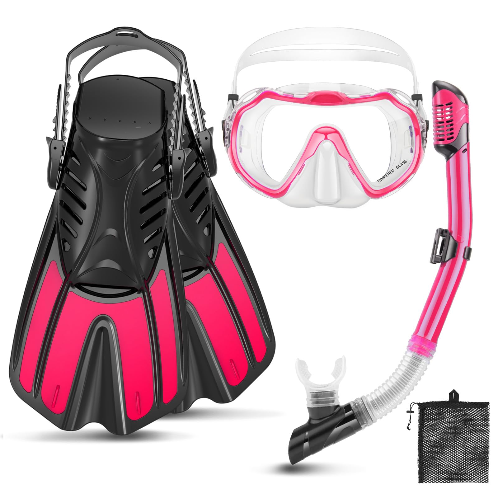 CTSAYTL Snorkeling Gear for Kids Adults, 4 in 1 Travel Mask Fins Snorkel Set with Panoramic View Anti Fog Mask, Dry Top Snorkel, Trek Fins and Travel