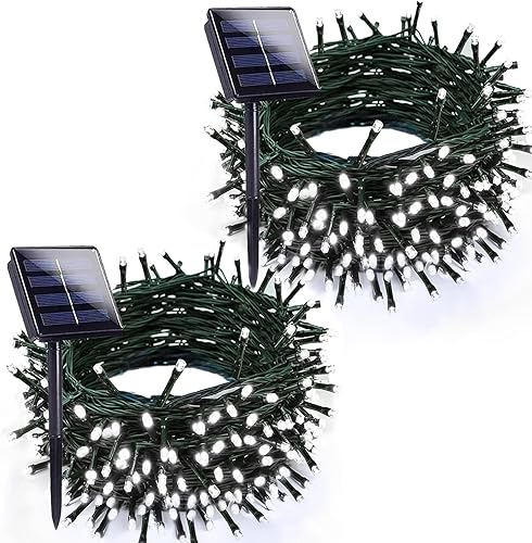 Miniatura 1 de Paquete de 2 luces solares de Navidad blancas frías al aire libre, impermeables, 200 LED de 66 pies, cable verde con 8 modos, luces solares de hadas