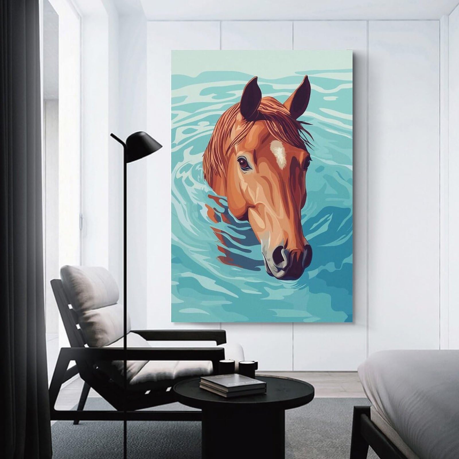 Junmoney Horse Swimming in Blue Water Illustration Canvas Art Print, 08x12inch(20x30cm), for Restful Interiors, Bedrooms Or Small Rooms, A Warm Accent for Relaxed Interiors