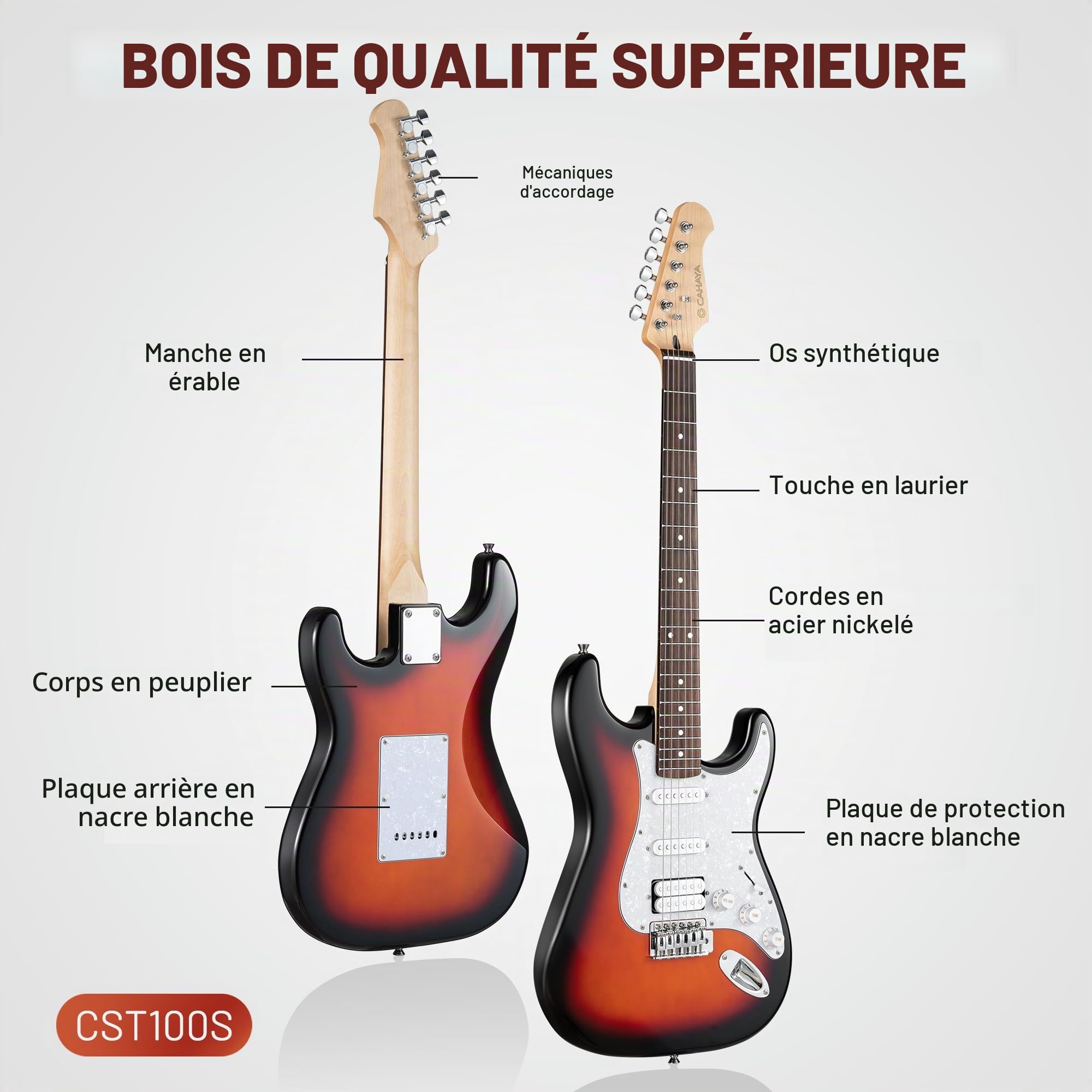 CAHAYA Guitare électrique de 39 pouces: guitare électrique ST avec 3 micros (S-S-H), inclut étui, amplificateur, accordeur, barre whammy et 4 médiators