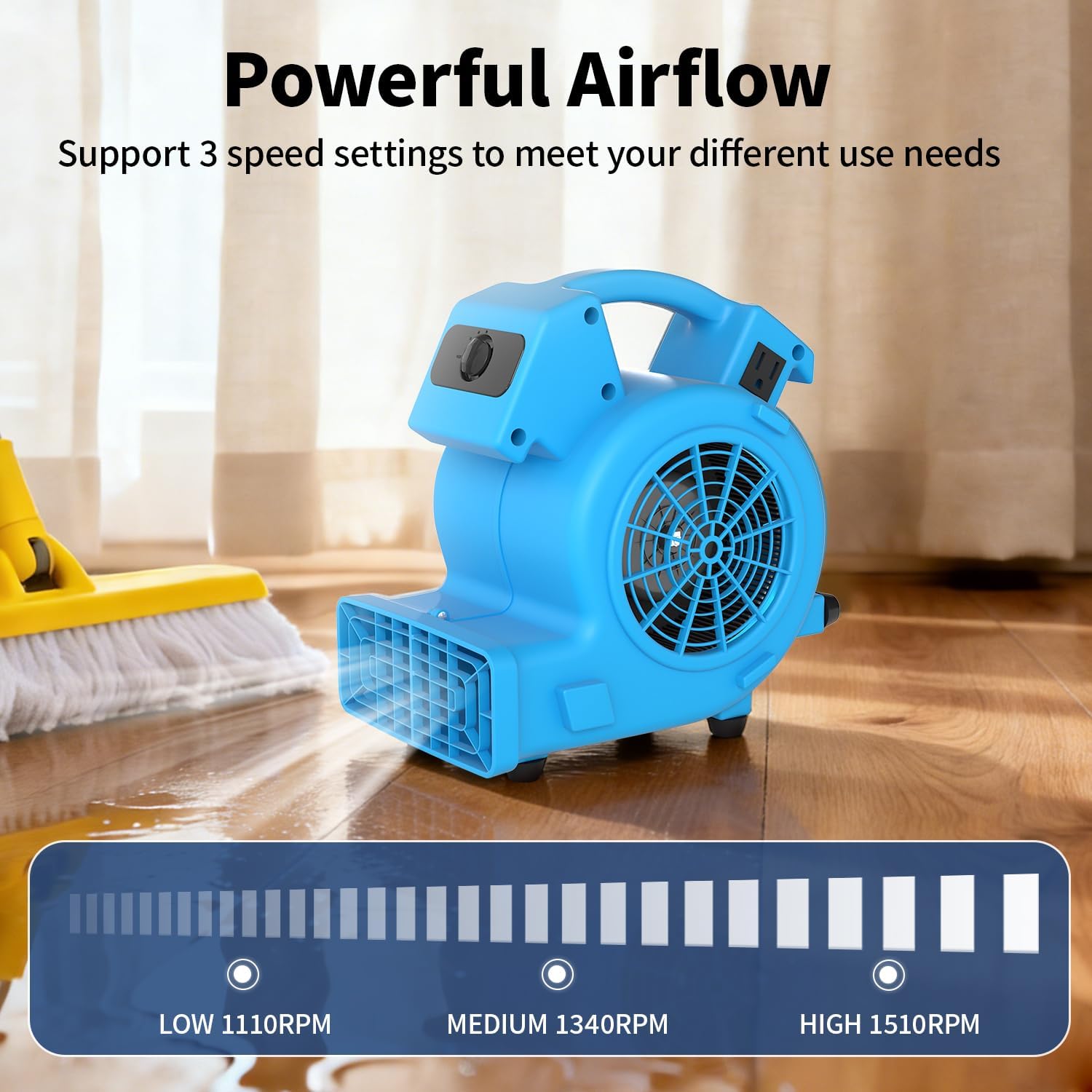 Air Mover 1/8 HP 550 CFM Carpet Dryer for Cooling and Ventilating, Portable Floor Blower Fan with 3 Speeds and Daisy Chain, for Home, Janitorial, Commercial Use, Blue