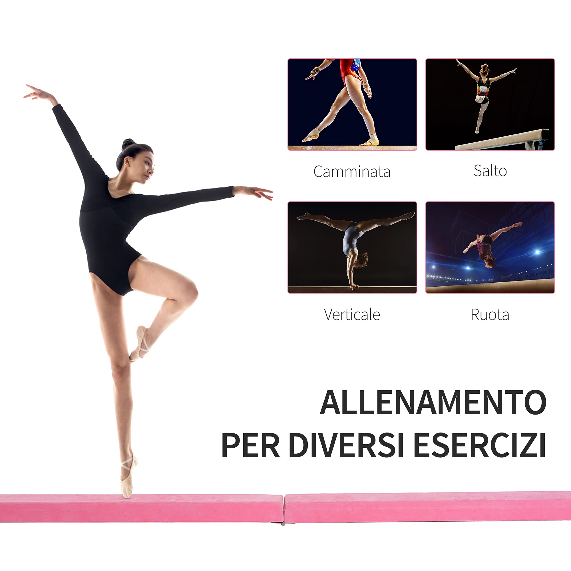 HOMCOM Trave da Ginnastica Equilibrio Allenamento Pieghevole Casa Legno 210 × 10 × 6.5cm Rosa