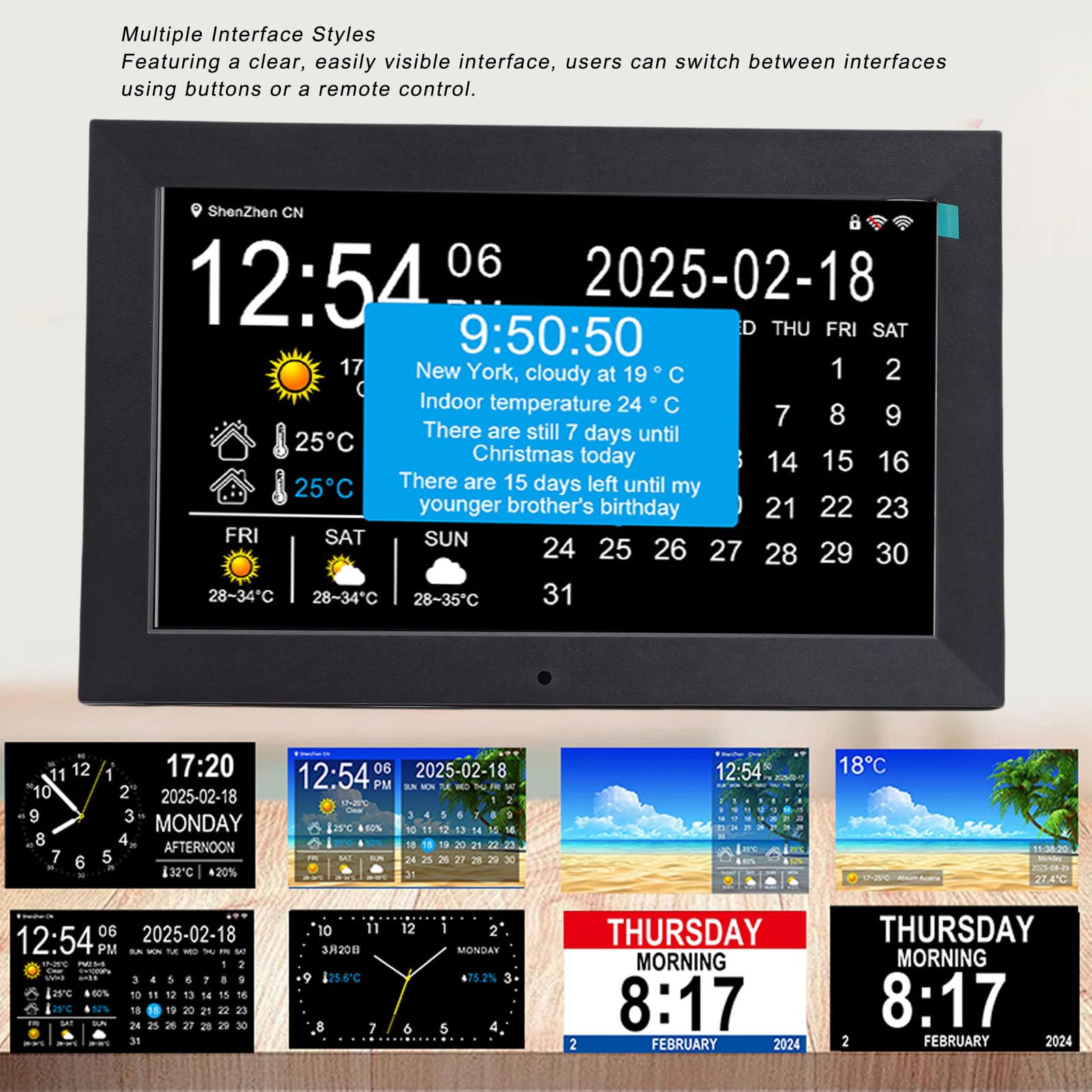 Reloj Digital Inteligente WiFi de 10 Pulgadas, Pantalla Grande con Clima en Tiempo Real, Temperatura Interior y Exterior, Humedad, Recordatorio de Medicamentos, Lectura (Enchufe Europeo)