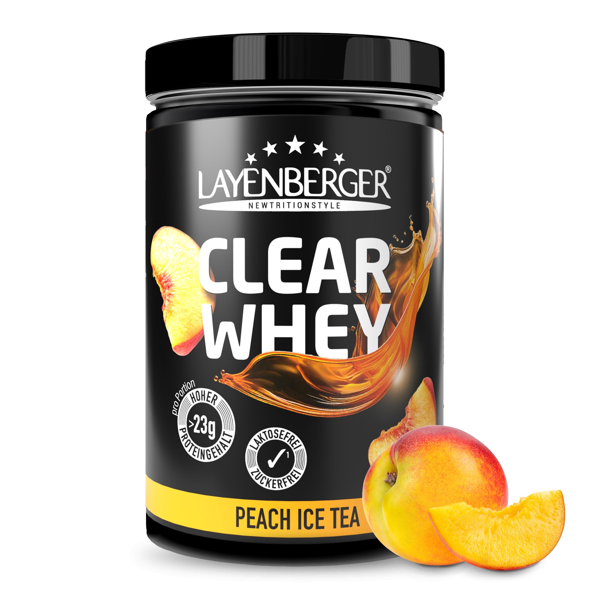 Layenberger CLEAR WHEY Protein Pulver zum Anrühren, klarlösliches Molkeneiweißisolat für Muskelaufbau, 77% Eiweiß, 22,9% BCAA (1x 420 g) - Eistee-Pfirsich
