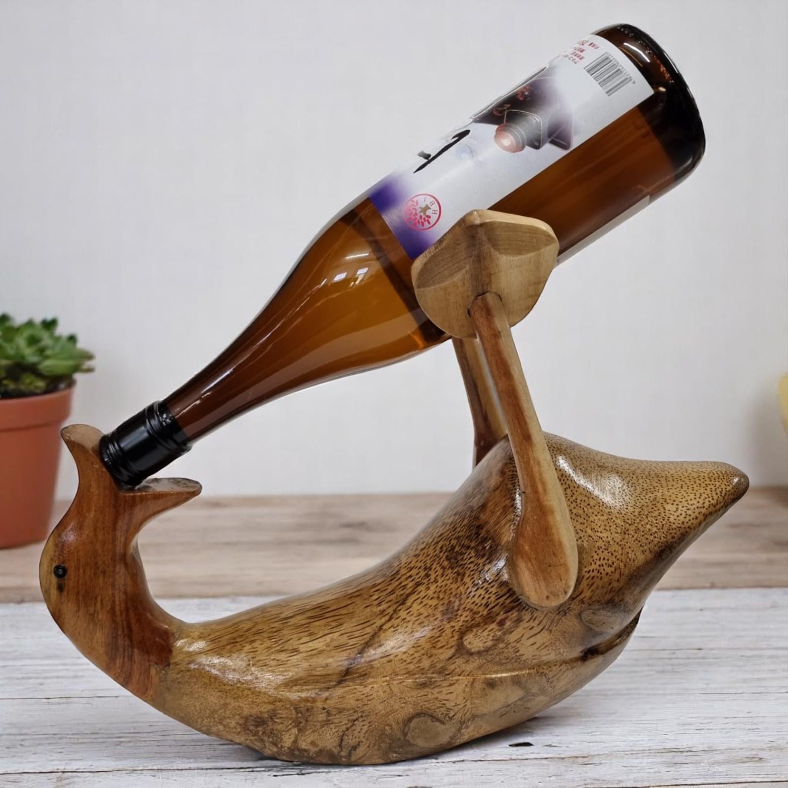 Kinaree Deko Ente aus Holz als Weinhalter – handgefertigte „Saufente“ aus Massivholz & Bambuswurzel – witziges Weinregal Geschenk