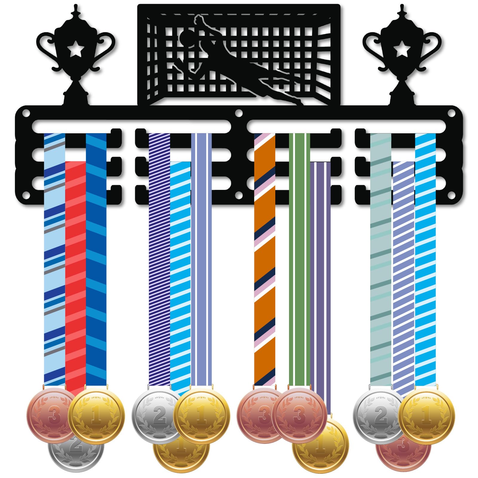 CREATCABIN Espositore per Medaglie da Calcio Piccolo Porta Premi da Calcio in Metallo per Sport Gare Nastri Organizer Mensola da Parete per Appendere 40+ premi Badge per Atleti 29x13cm