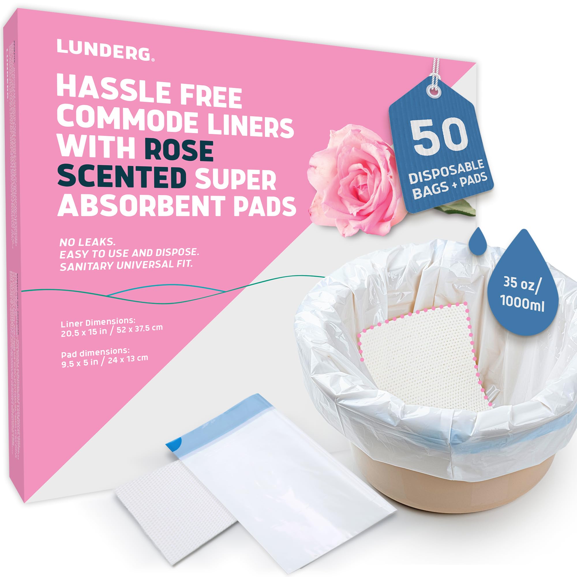 Lunderg Fodere per comodini con cuscinetti assorbenti profumati alla rosa, confezione di valore medico, 50 conteggi, misura universale, usa e getta per comodini e comodini per adulti e WC portatili