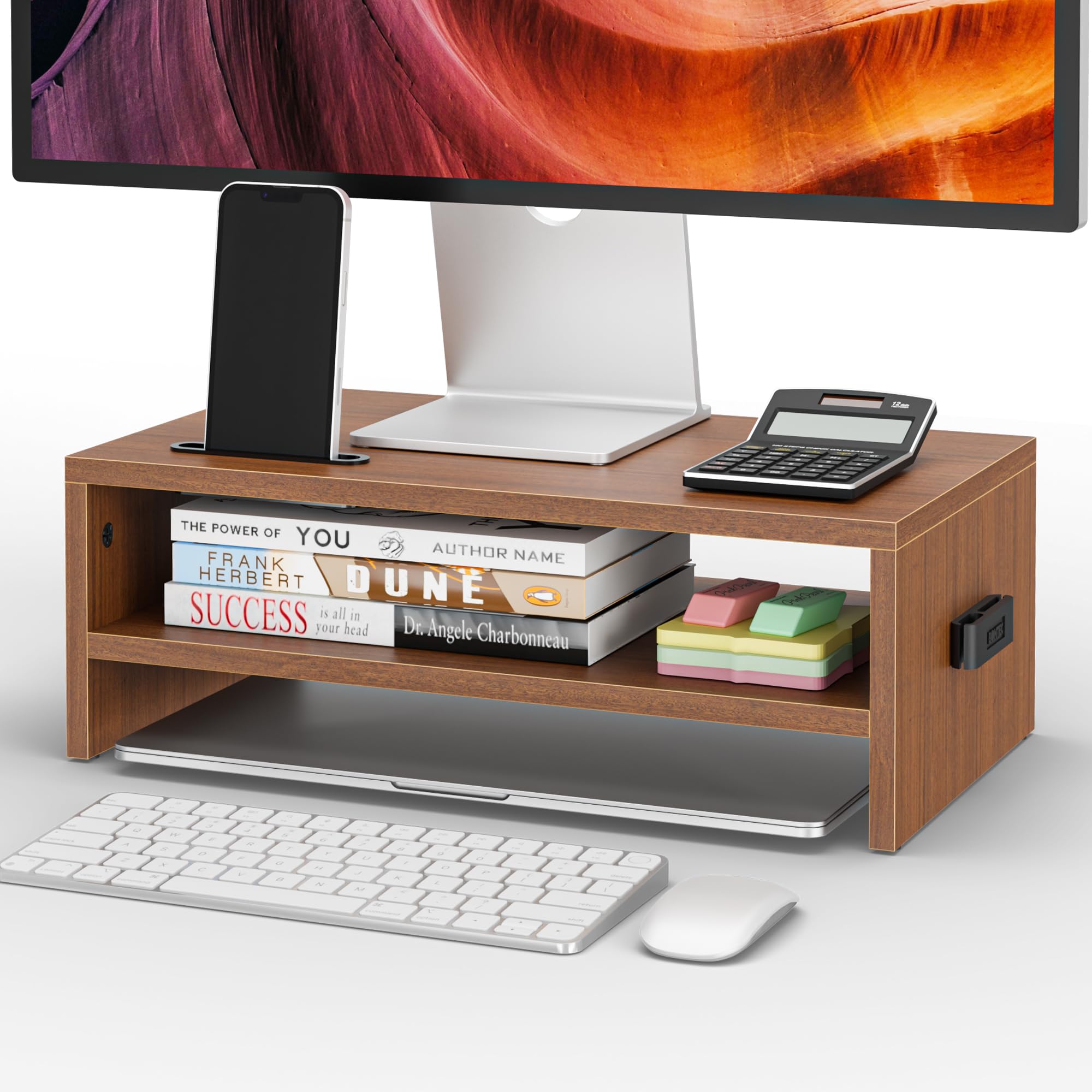 BONTEC Wooden Monitor Stand Riser, 2-Tier Desk Shelf with Storage Organizer, Ergonomic Computer Stand with Cable Management, Cellphone Holder, Walnut, 16.5 Inch-image-13
