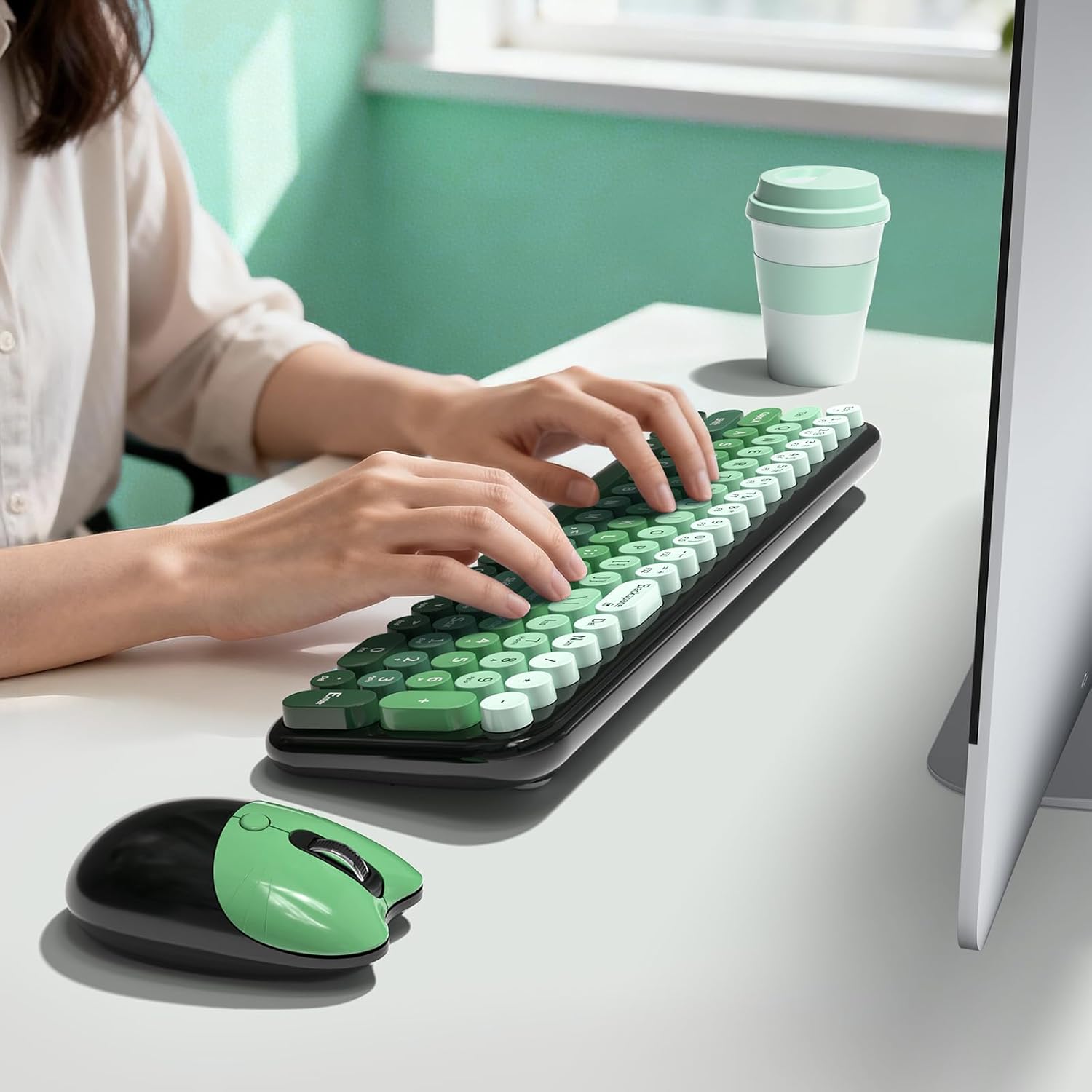 Wireless Keyboard and Mouse Combo, MOWUX Compact Typewriter Retro Round Computer Keyboard, Cute Optical Mouse Wireless, Plug and Play, for Laptop, PC, Computer- Black Green Gradient