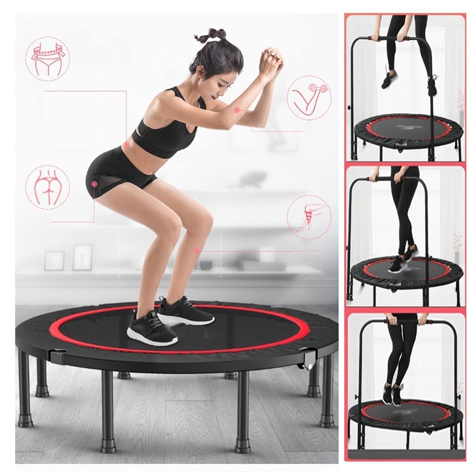 Trampoline Faltbares Minitrampolin, 48" Tragbares Fitness-Rebounder-Trampolin Mit Griffstange, Für Indoor-Garten-Workout Cardio-Training，Belasten Sie 200kg