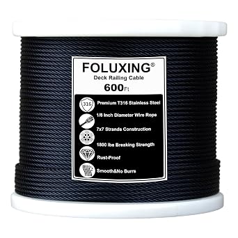 600FT T316 Stainless Steel Aircraft Cable,1/8" Black Deck Railing Cable for Deck Cable Railing Kit, Stair Deck Fencing DIY Balustrade