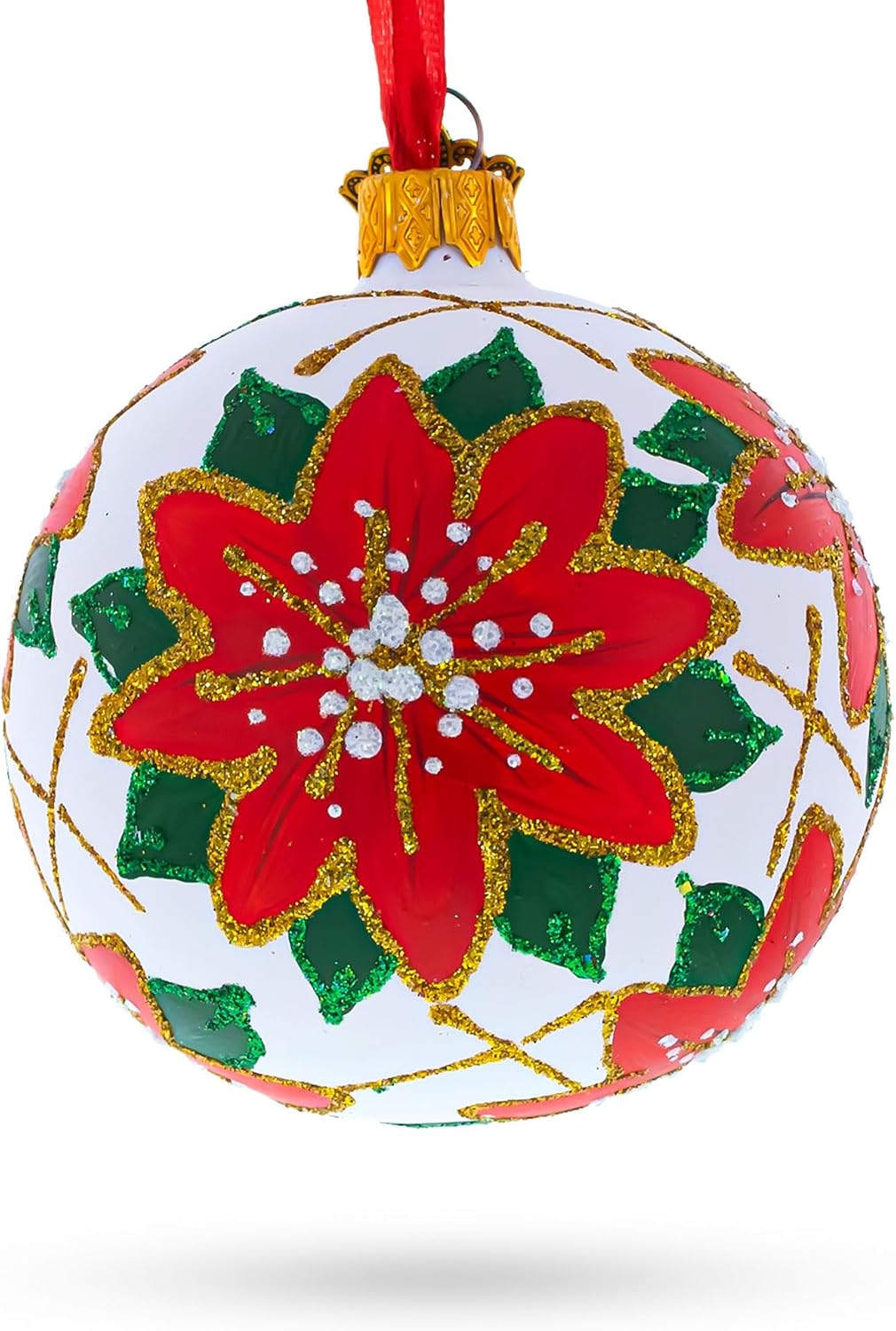 Poinsettia Flowers on White Glass Ball Christmas Ornament 3.25 Inches