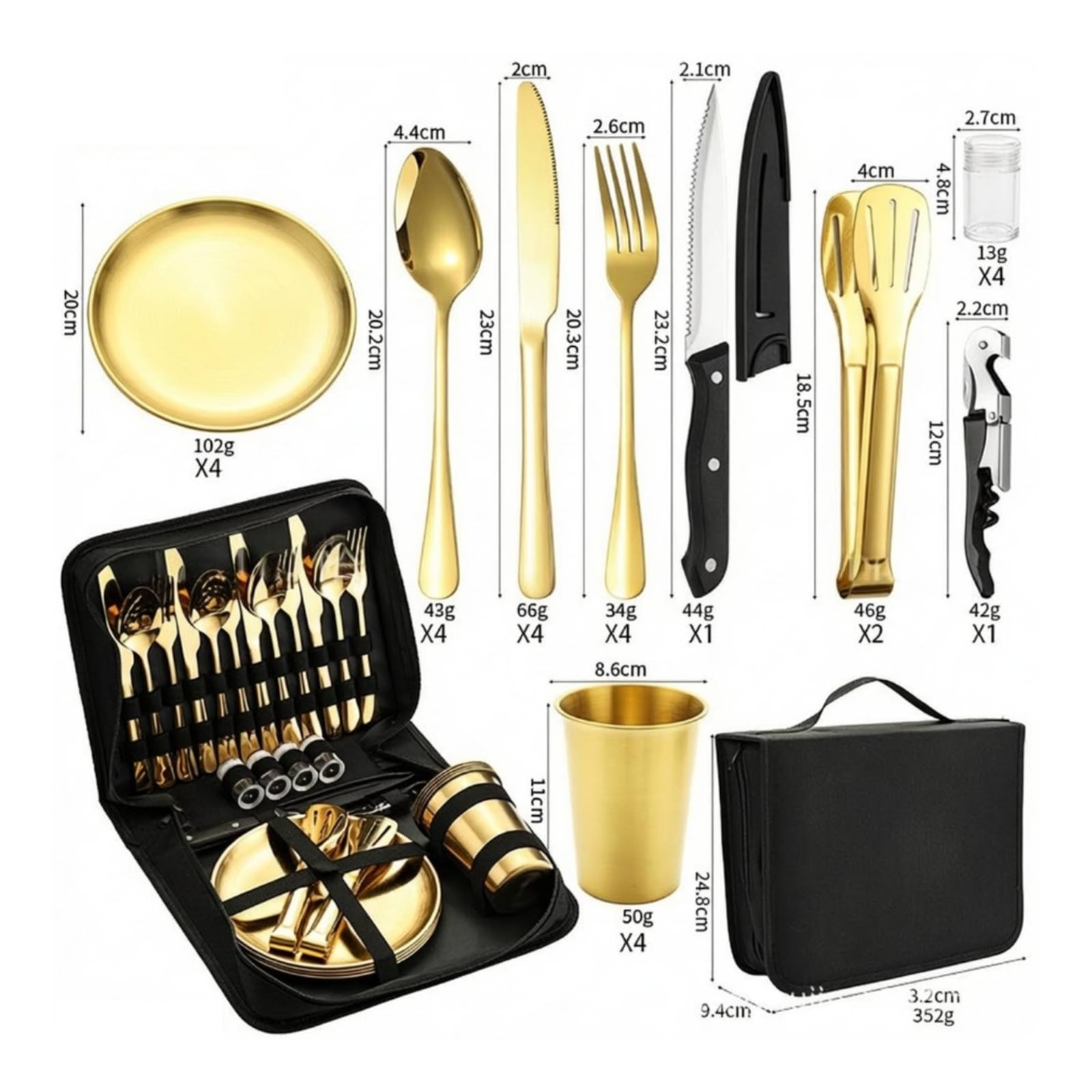 29 Teiliges Camping Besteck Set Outdoor Geschirr Picknick Teller Tassen Löffel Edelstahl Glänzende Oberfläche mit Tasche für Camping Strand Garten