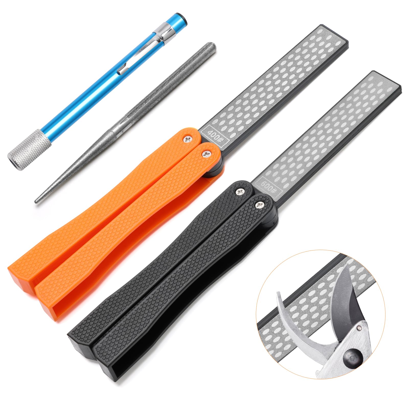 Anglekai 3PCS Garden Tool Sharpener, 2PCS Double-Sided Diamond Garden Tool Sharpener/ 1PCS Retractable Sharpening Rod for Gardening Pruner