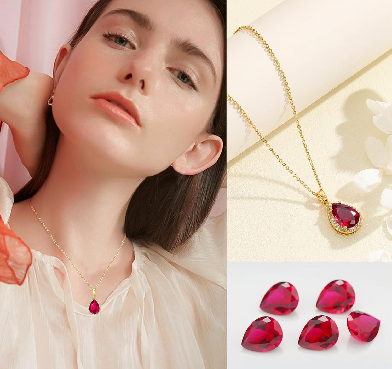 VONSSY Classic Oval Pendant Gemstone Necklace | Crystal Ruby Sapphire Waterdrop Birthstone Teardrop Emerald Necklace | 18K Platinum Gold Plated Chain | Jewelry Gift for Mother Wife Girlfriend - Image 4