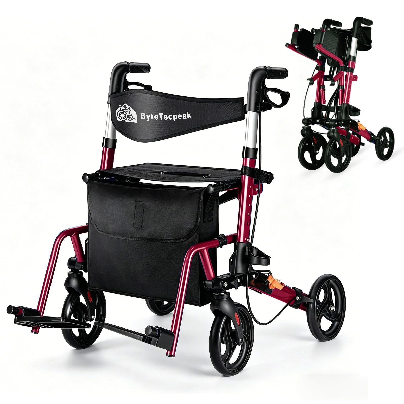 R3 Deambulatore 2 in 1 pieghevole regolabile in altezza interni ed esterni | Deambulatore leggero ergonomico con funzione sedia a rotelle dotato di custodia per uso interno ed esterno Rosso