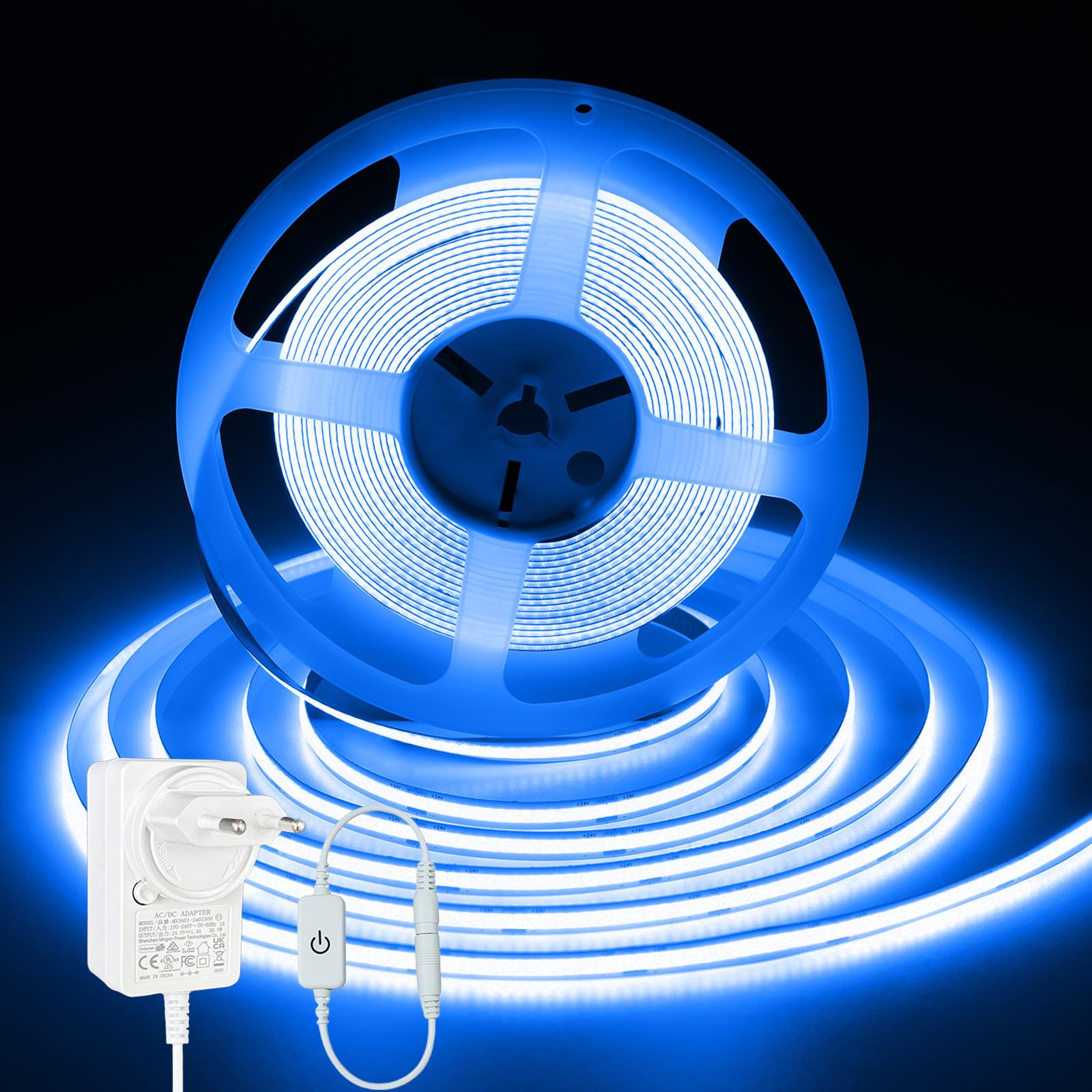 iNextStation COB LED Streifen 10m Blau DC24V mit Netzteil und Fernbedienung | 8mm LED Strip Light CRI93+ Dimmbar Lichtleiste Selbstklebend für Schlafzimmer TV Wohnzimmer Küche Spiegel