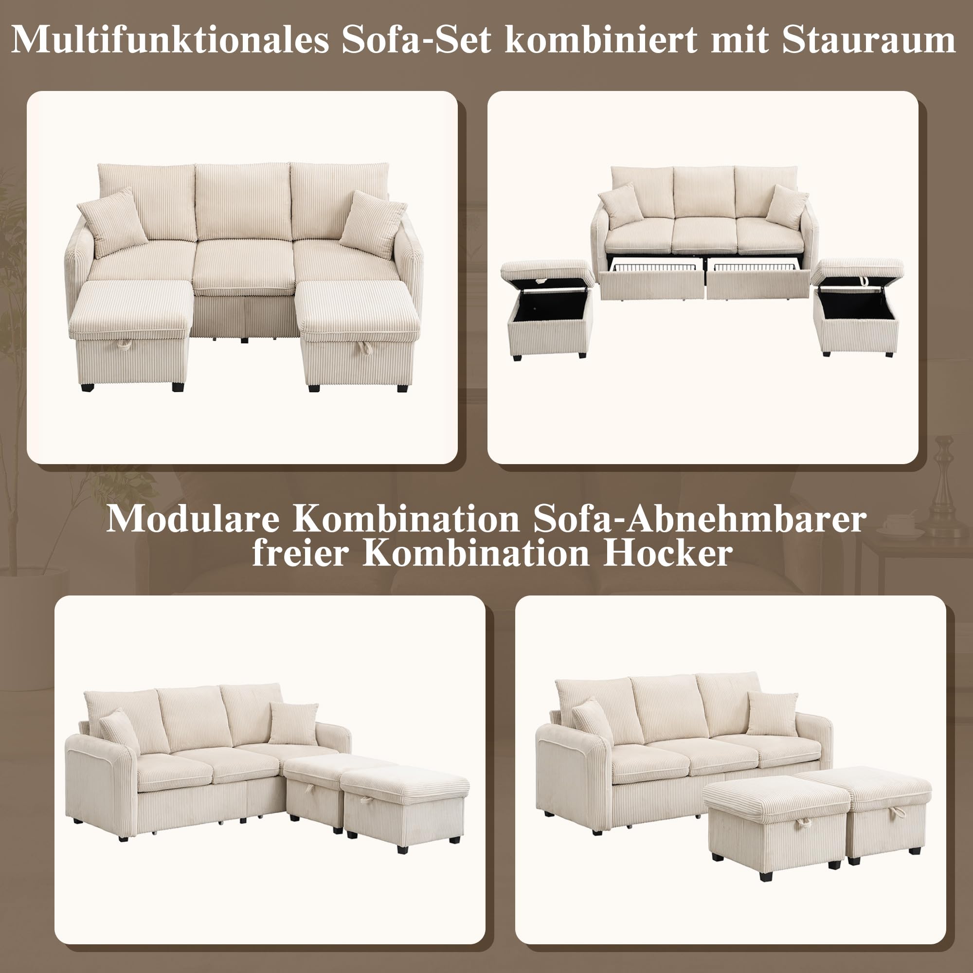 Merax Modulares 3-Sitzer Sofa-Set, Ecksofa in L-Form & U-Form mit 2 Stauraum-Hockern, Couch mit 2 Schubladen, Flexibel kombinierbare Wohnlandschaft aus Chenille, Beige