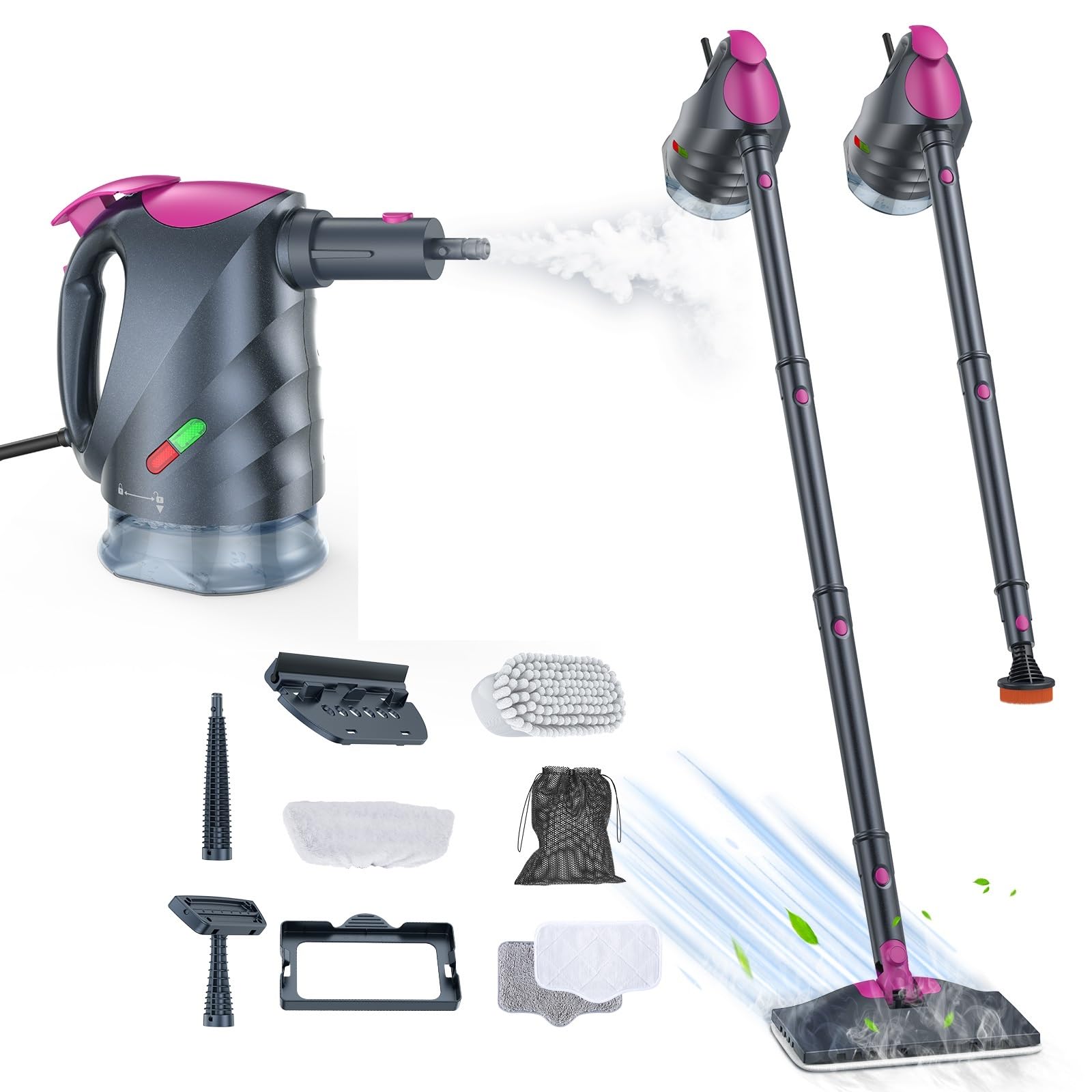 10-in-1 Steam Cleaner, Steam Mop &amp; Detachable Handheld Steam cleaner with 320ml Water Tank, 10s Fast Heating, Portable Steamer for Kitchen, Floor, Tiles, Window, BBQ Grill, Car, Mid Gray