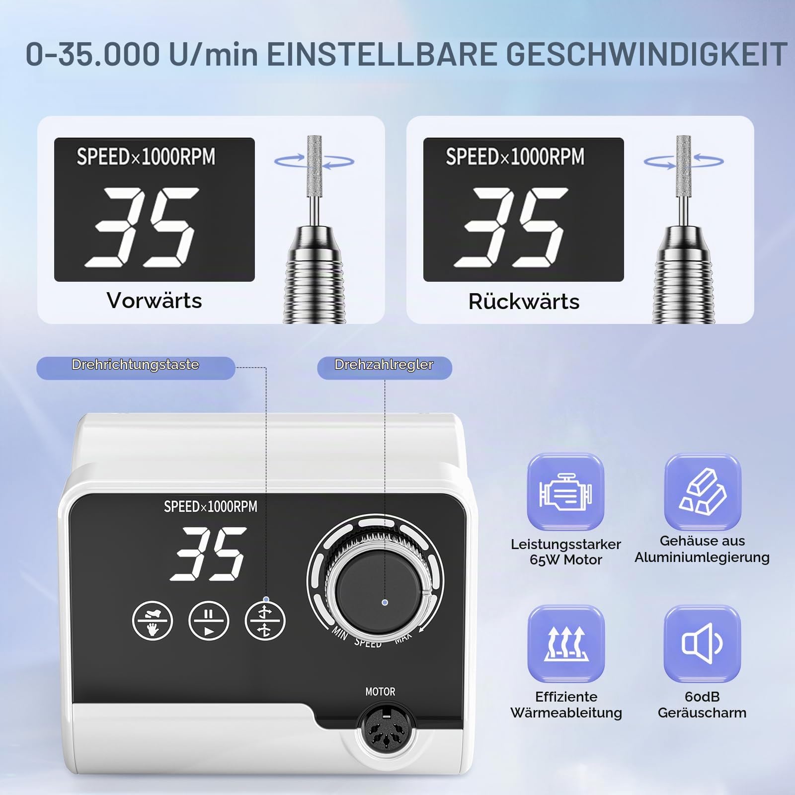 Professionelle Elektrische Nagelfräser, 35000 U/Min Maniküre Pediküre Set mit 6 Fräser, LED Display für Gelnägel und Acrylnägel, für den Heimgebrauch und Nagelstudios (Weiß)