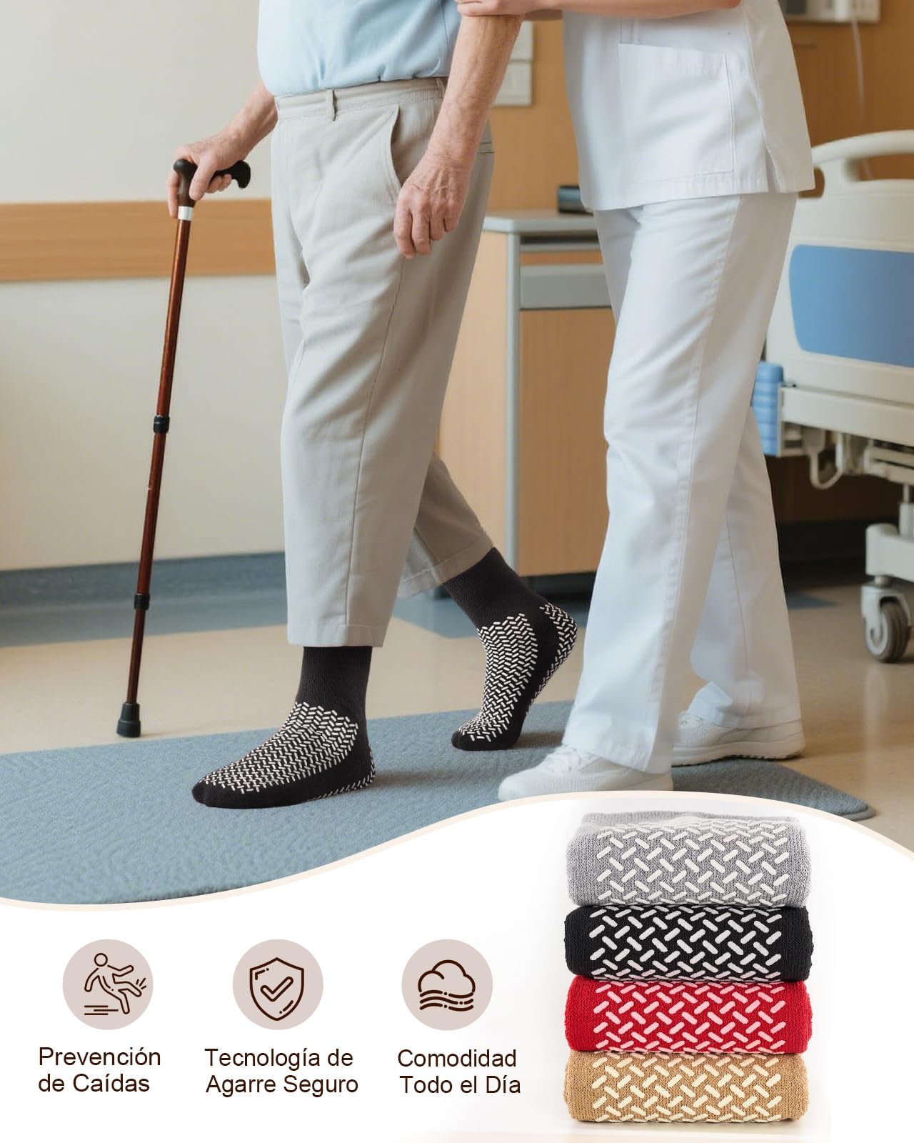Calcetines antideslizantes hombre y mujer de hospital, doble perfil, 3 pares con puntos antideslizantes para cuidado y rehabilitación