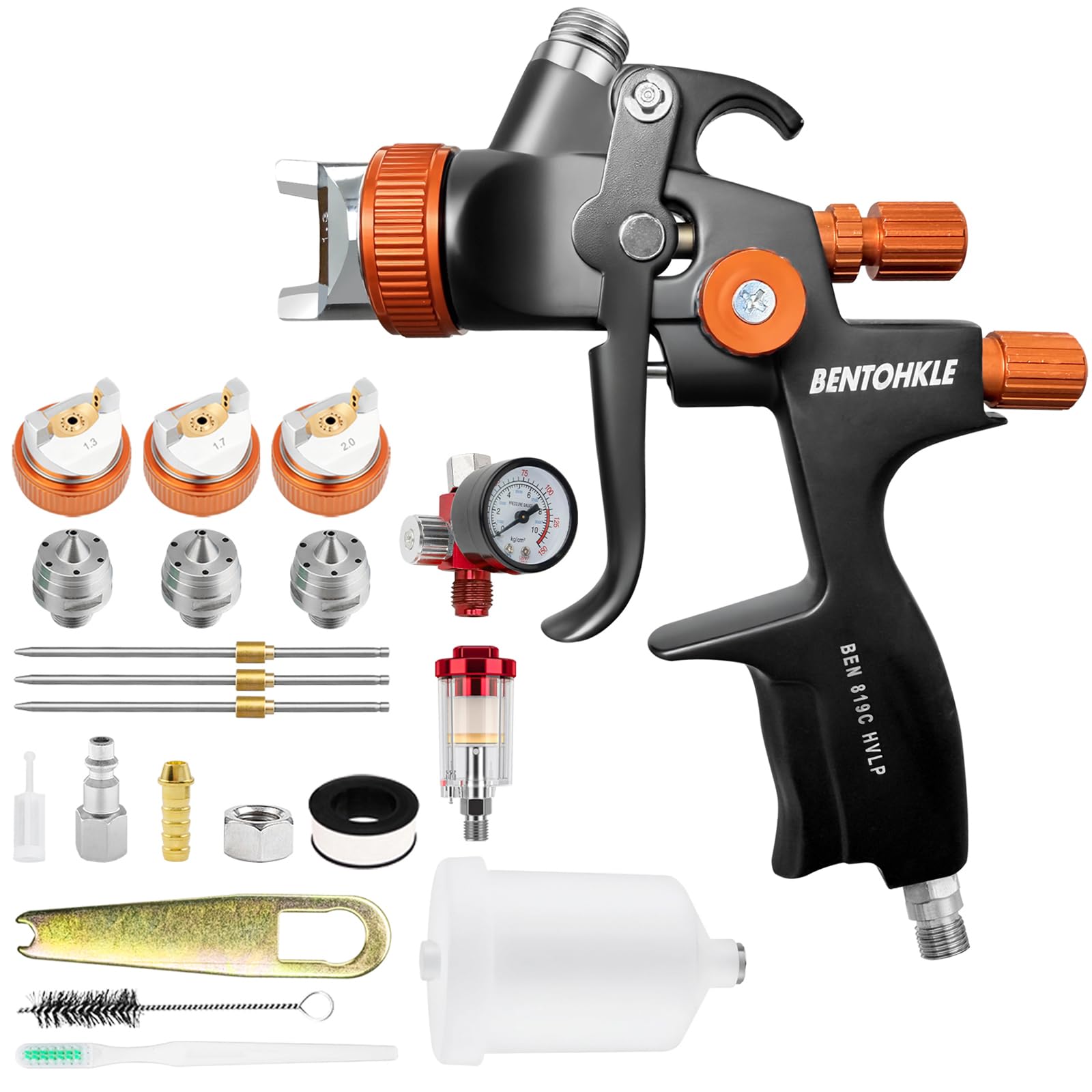 819C HVLP Lackierpistole Spritzpistole mit 3 Düsen 1,3mm 1,7mm 2,0mm Profi Farbsprühsystem Spraypistole mit 600ML Plastikbecher Mit Luftdruckregler für Autos und Zuhause