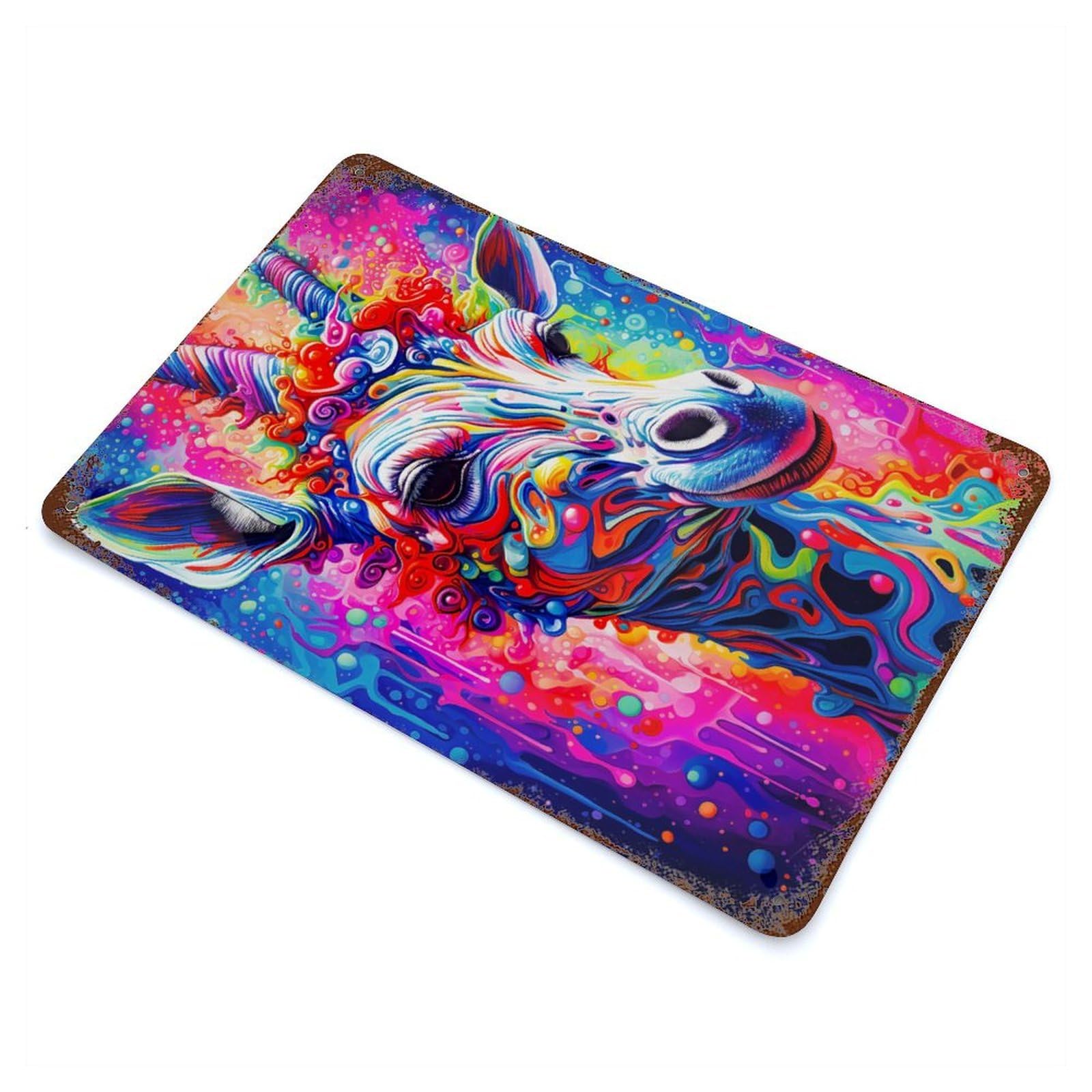 Retro Metal Sign with Psychedelic Giraffe Design 11.8"x7.9", for Shed, Workshop And Garage Wall Decor, Industrial Home Decor