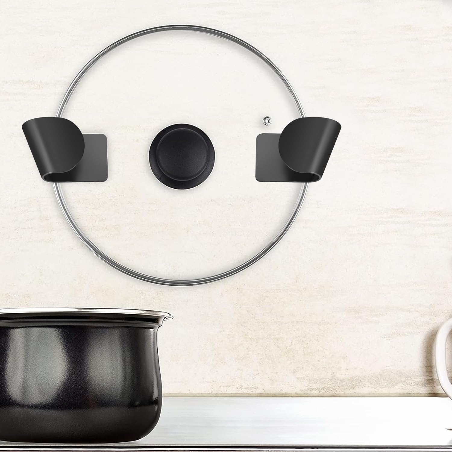 Eruinfang Support mural pour couvercle de poêle, porte d'armoire, support de couvercle de casserole en plastique, auto-adhésif, pour la cuisine et la maison (noir