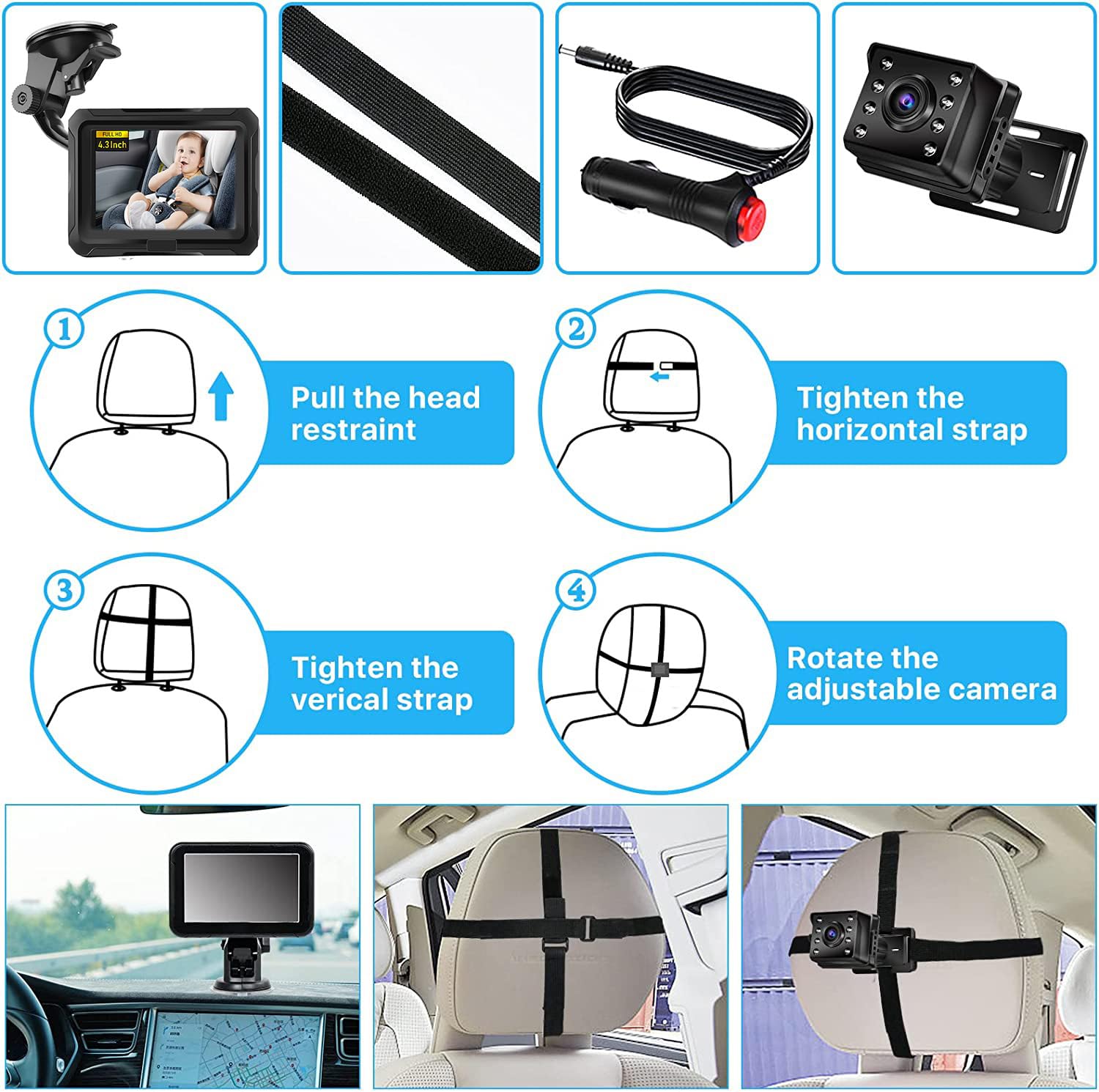 CLT-805 - Specchio per auto per bambini con display HD 4.3 HD, telecamera di sicurezza per seggiolino auto con ampia visione cristallina, osserva facilmente i movimenti del bambino (non USB)